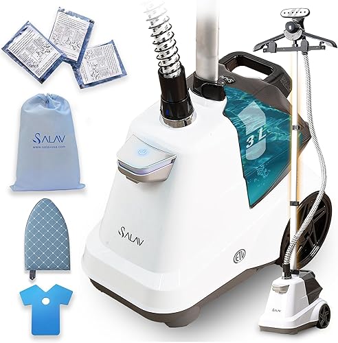 SALAV X3A - Vaporizador de ropa comercial de tamaño completo resistente con pedales y tanque de agua extragrande de 3 litros (101.5 onzas) (blanco)