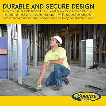 Spectra Precision LP51G Laser Pointer, 5 High Visibility Green Beam Points, Vertical, Horizontal and Plumb, 90 Degree Layout, Automatic Self-leveling