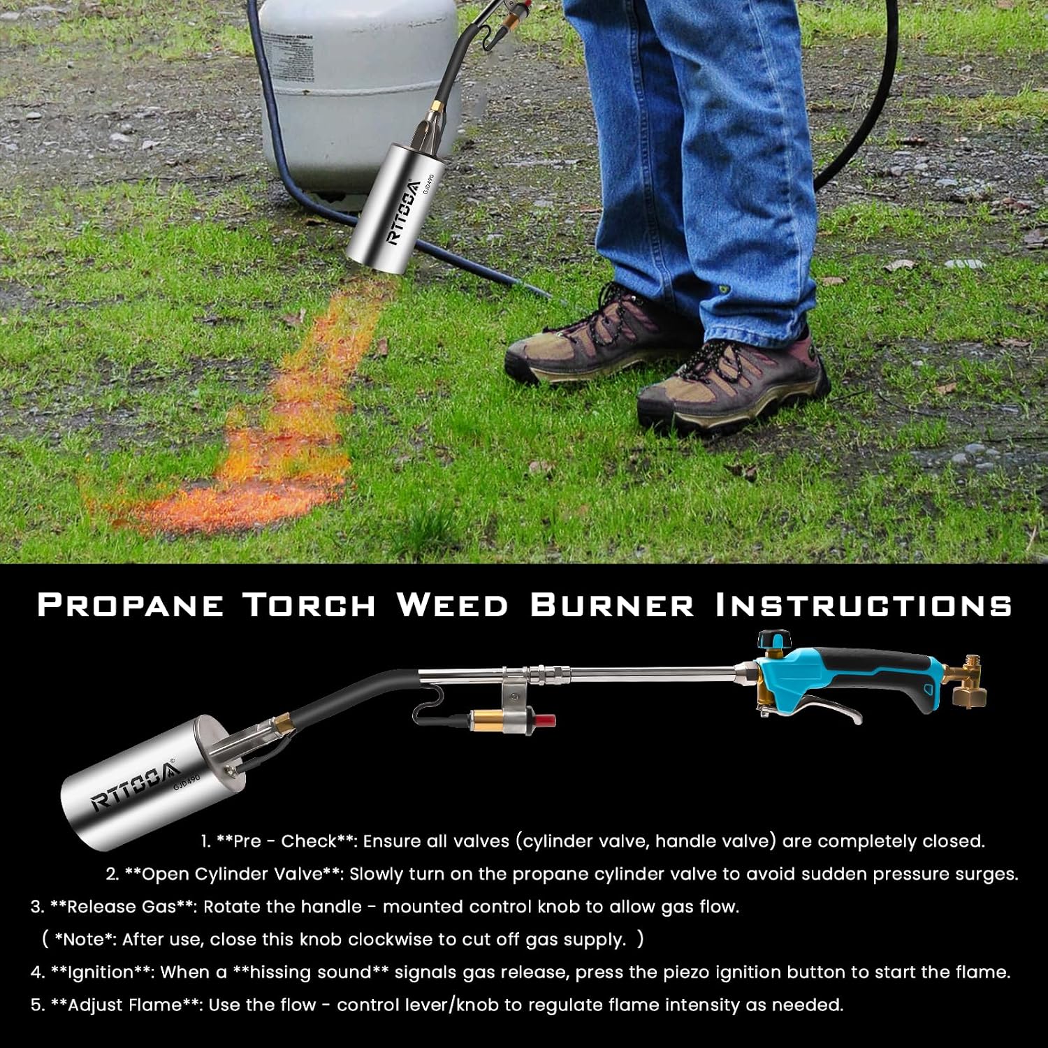 Propane Torch Weed Burner-GJD490, 1,300,000 BTU, Weed Torch with 1lb Propane Cylinder Converter and 10FT Hose, Flame Control and Turbo Trigger Push Button Igniter, Garden Wood Ice Snow (Blue)