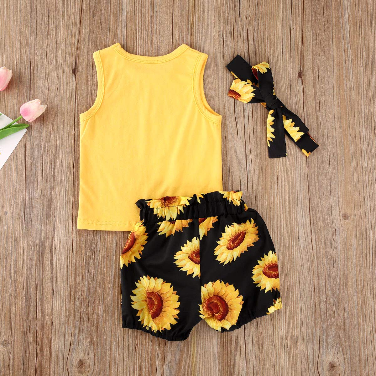 3Pcs/Set Fashion Toddler Kids Baby Girl Sleeveless Tank Top Shirt + Sunflower Shorts + Headband Summer Clothes Outfit (Yellow, 6-12 Months)