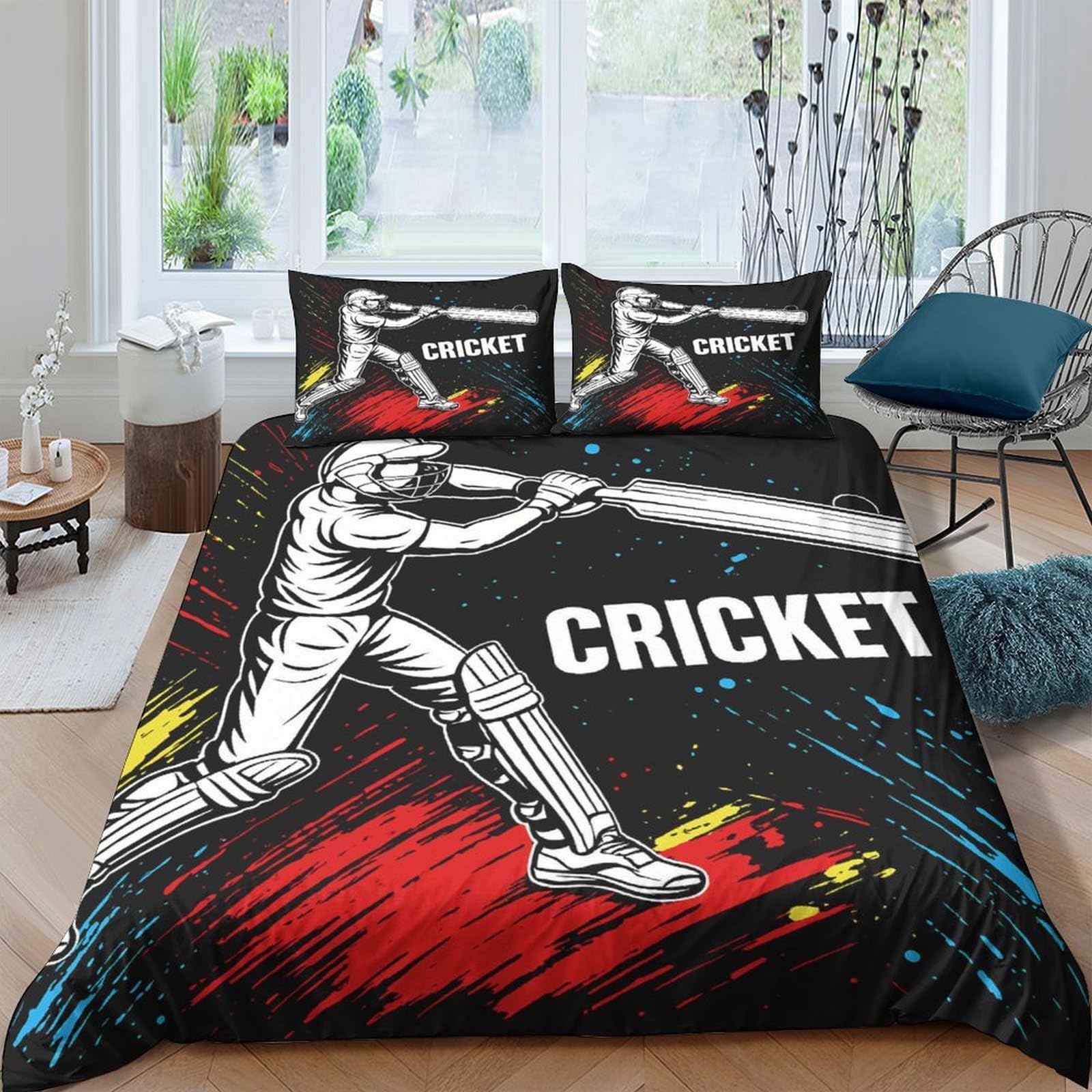 GPLZQXKJNH 3D Printed Cricket Player Duvet Cover Set Microfiber Vibrant Sports Bedding Quilt Cover with 2 Pillowcases for Bedroom Decor Single（135x200cm）