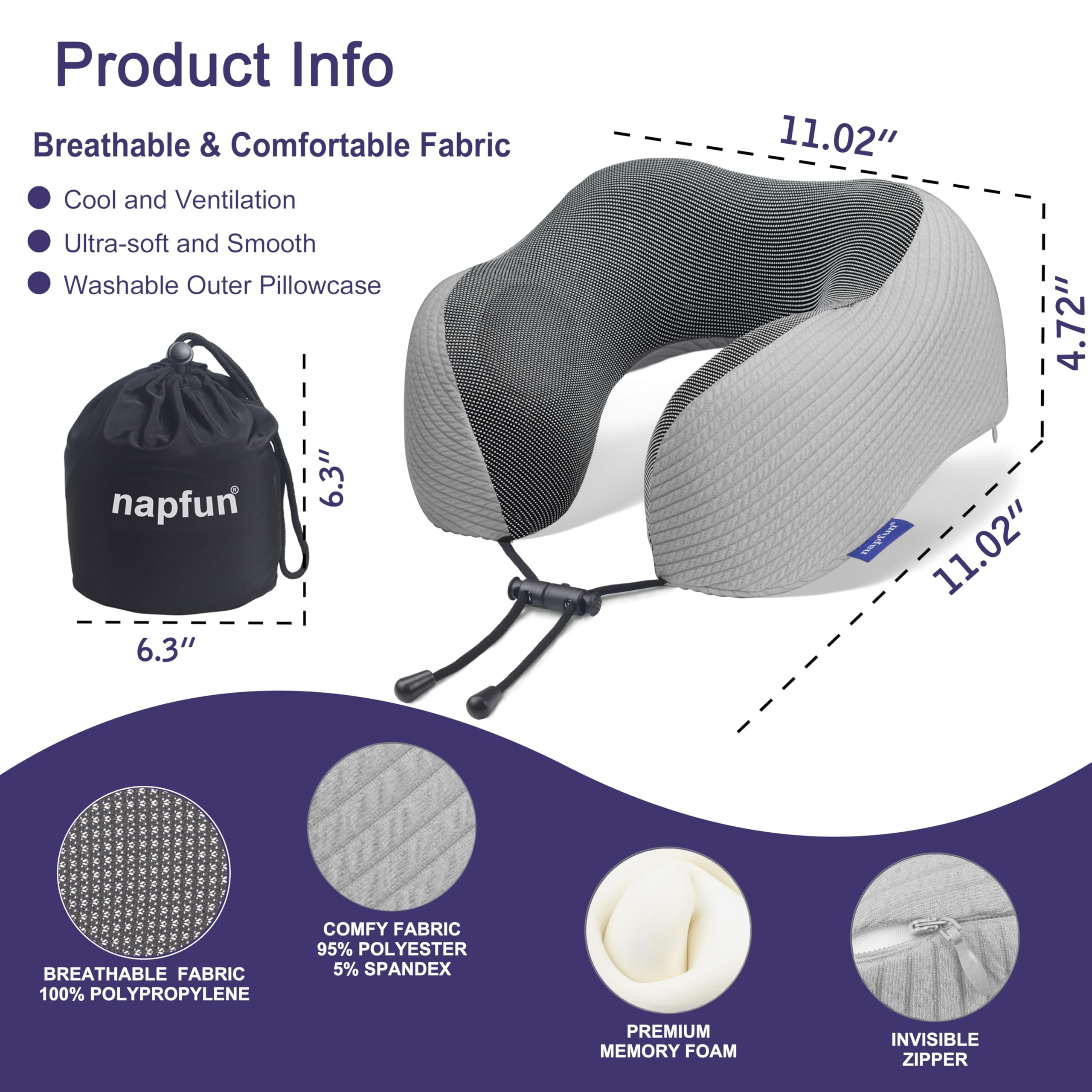 napfun Neck Pillow for Travel, Memory Foam Airplane Pillow, Mist Gray view 2