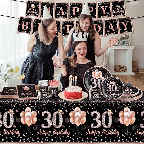 Miniatura 2 de 142 piezas de vajilla de 30 cumpleaños para mujer, suministros de fiesta de cumpleaños de 30 años de color oro rosa para ella, mantel desechable,