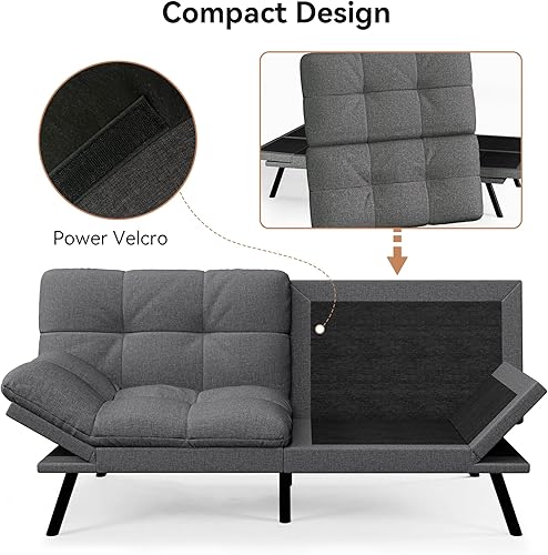 Miniatura 41 de Vyfipt Sofá cama tipo futón, sofá pequeño de espuma viscoelástica de piel sintética para sala de estar, sofá biplaza moderno con reposabrazos Negro