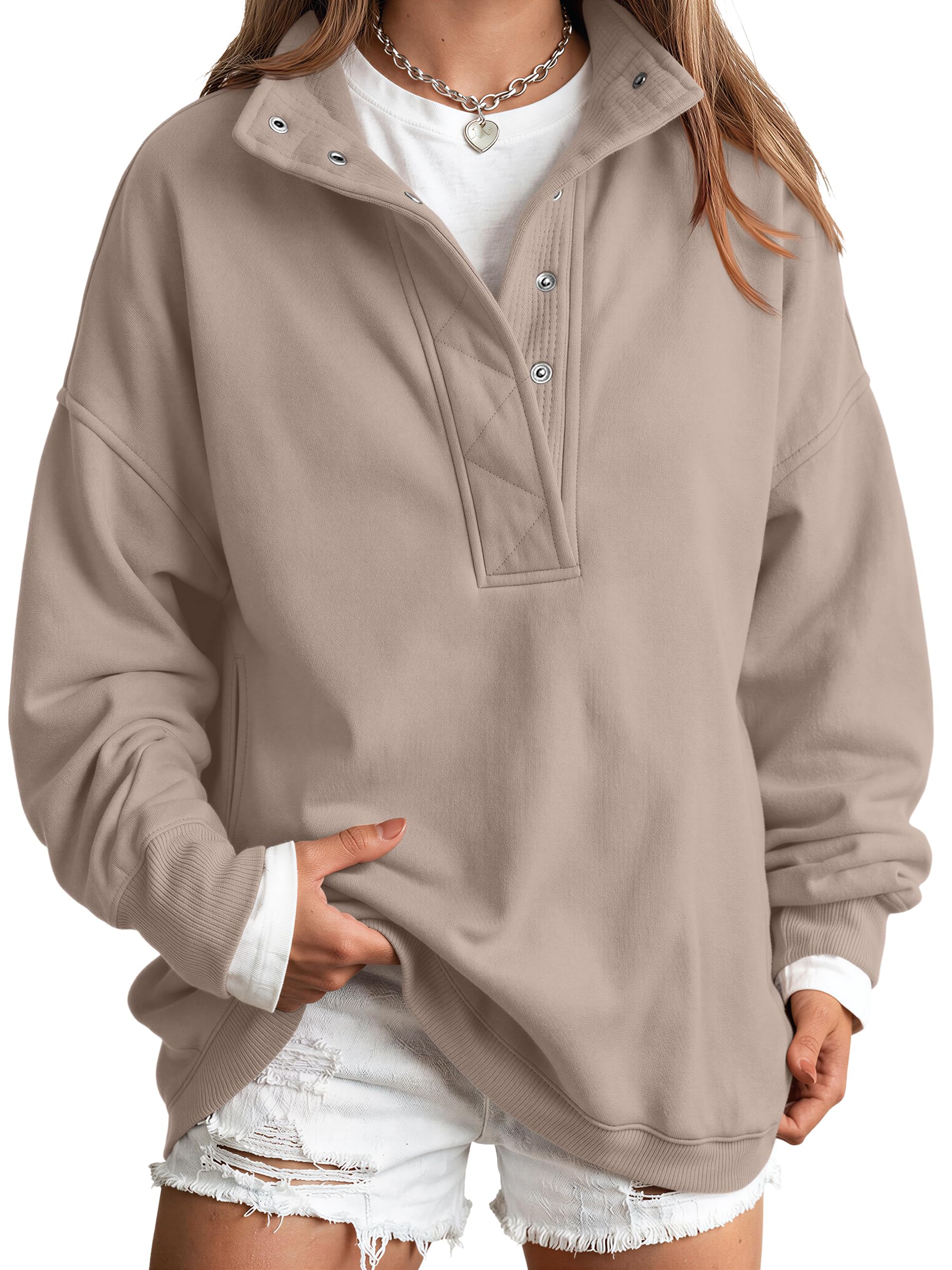 Trendy Queen Womens Oversized Sweatshirts with Snap Button Henley Collar | Soft Fleece Pullover with Pockets Tops Fall Winter Clothes 2026 Cute Fashion Outfits