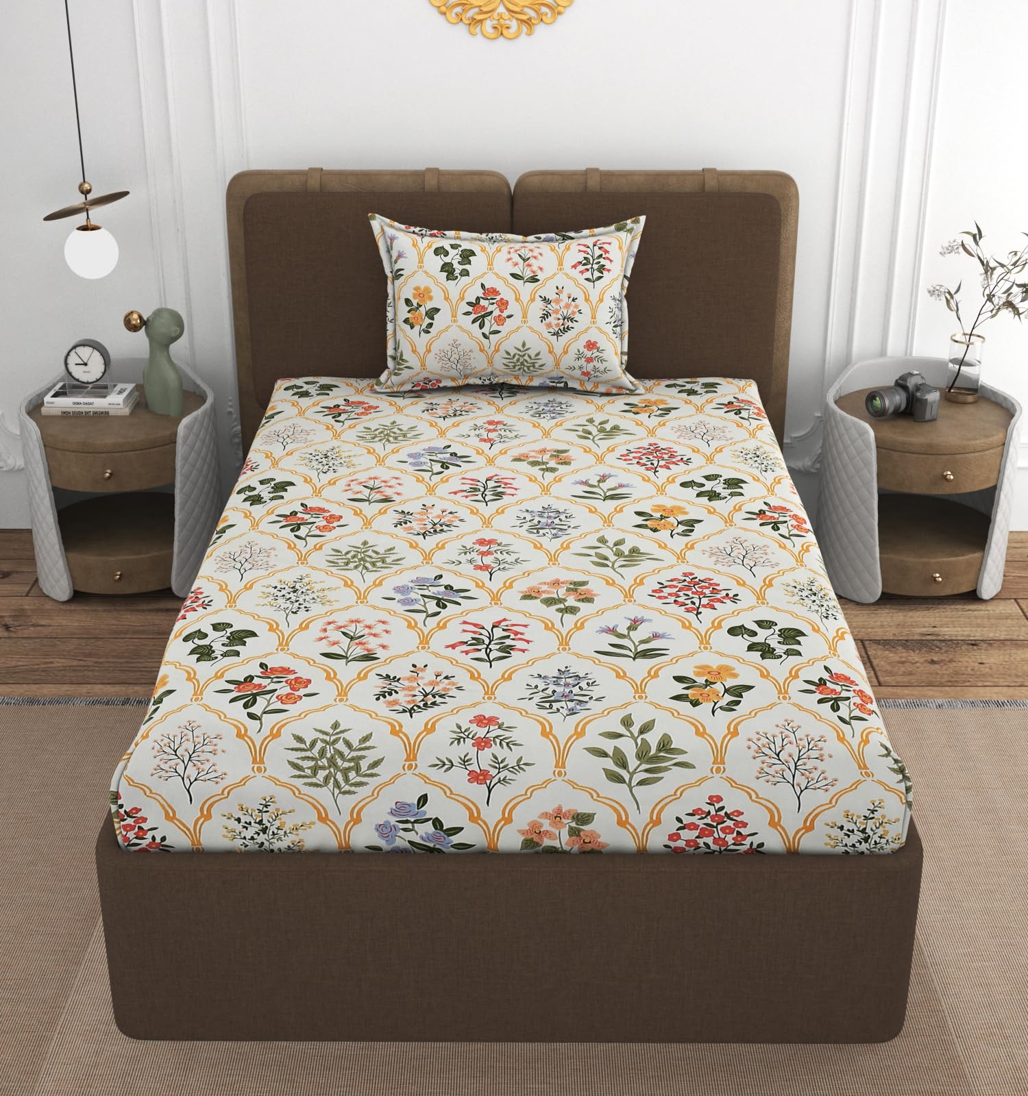 VOMZER 300 Threadcount Elastic Fitted Bedsheets Single Bed With 1 Pillow Cover | Single Bed With All Around Elastic, Size 36 X 72 X 10 Inches (Cream Flower Leaf), Smallsingle