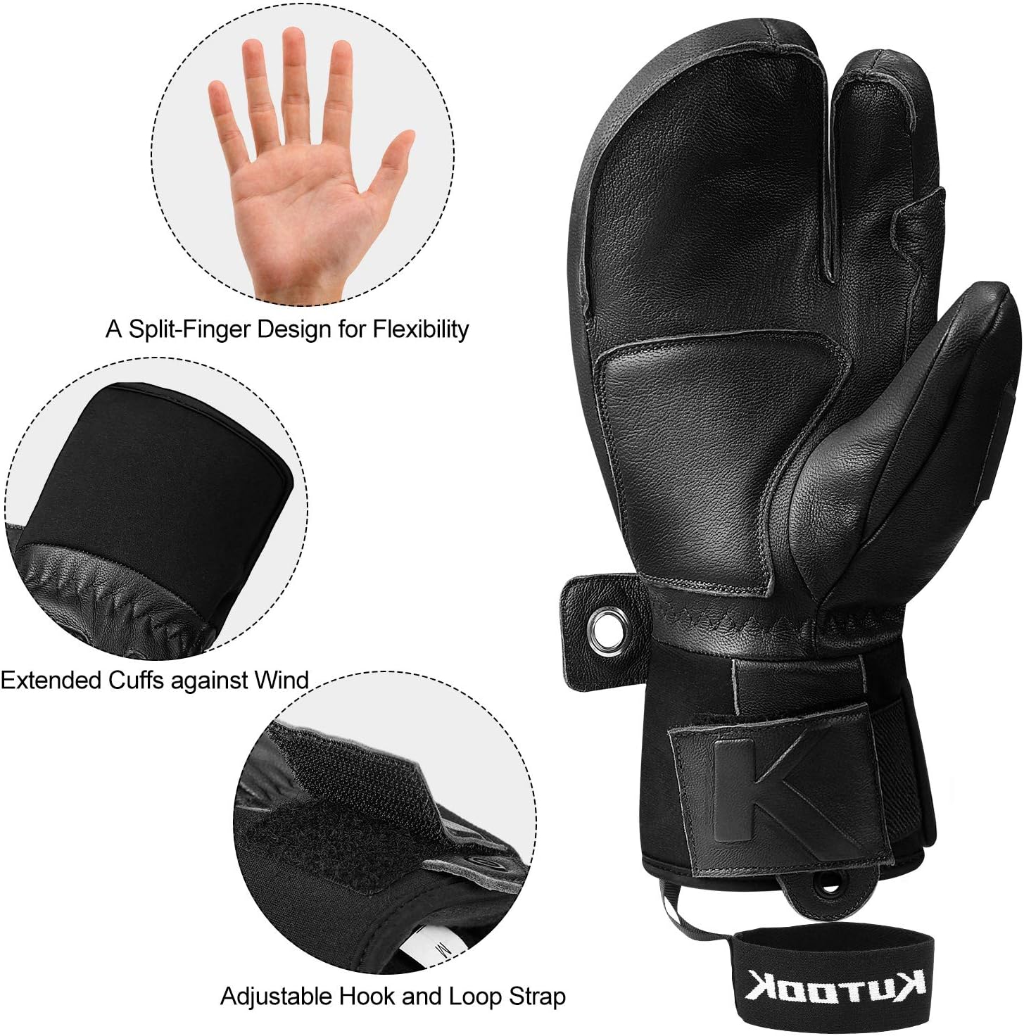 KUTOOK Winter 3 Fingers Ski Mittens Goatskin Thermal 3M Thinsulate Waterproof Snowboarding Gloves with Pocket for Men Women