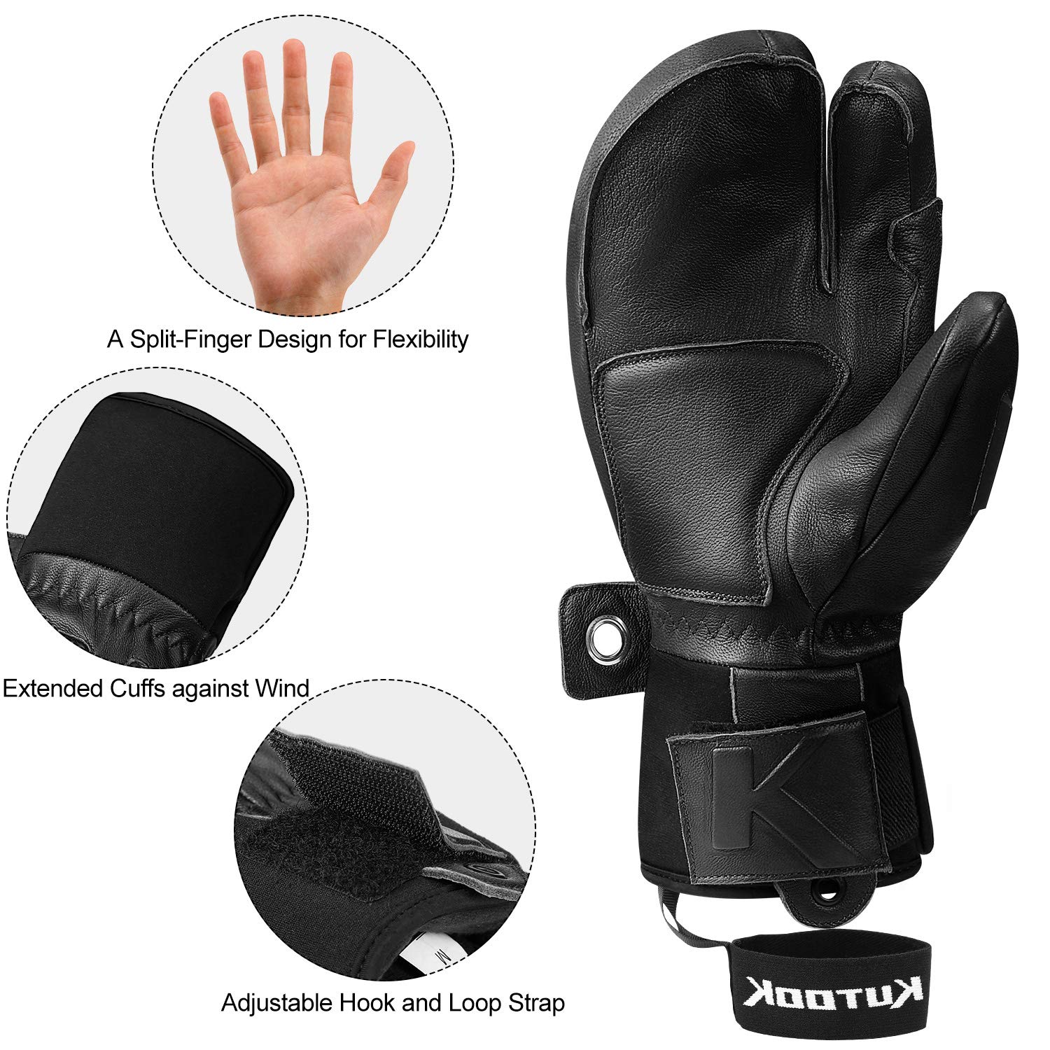 KUTOOK Gants Ski Chauffants Hiver Homme Femme Imperméable 3M Thinsulate Cuir Thermique Anti Froid Chaud Snowboard