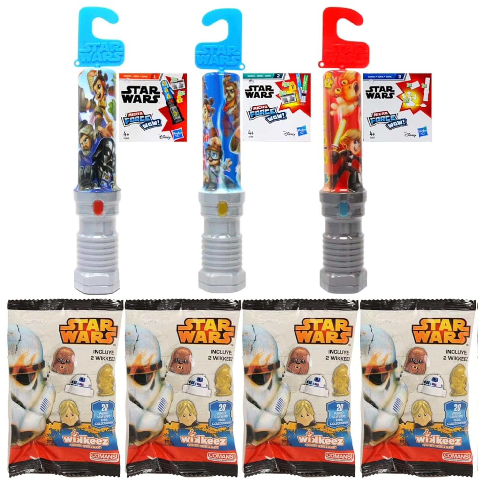 Star-Wars Micro Force Wow & Wikkeez Blind Bag Set - 4X Wikkeez Blind Bags & 1x Series 1, 1x Series 2 & 1x Series 3 Micro Force Wow Sabres
