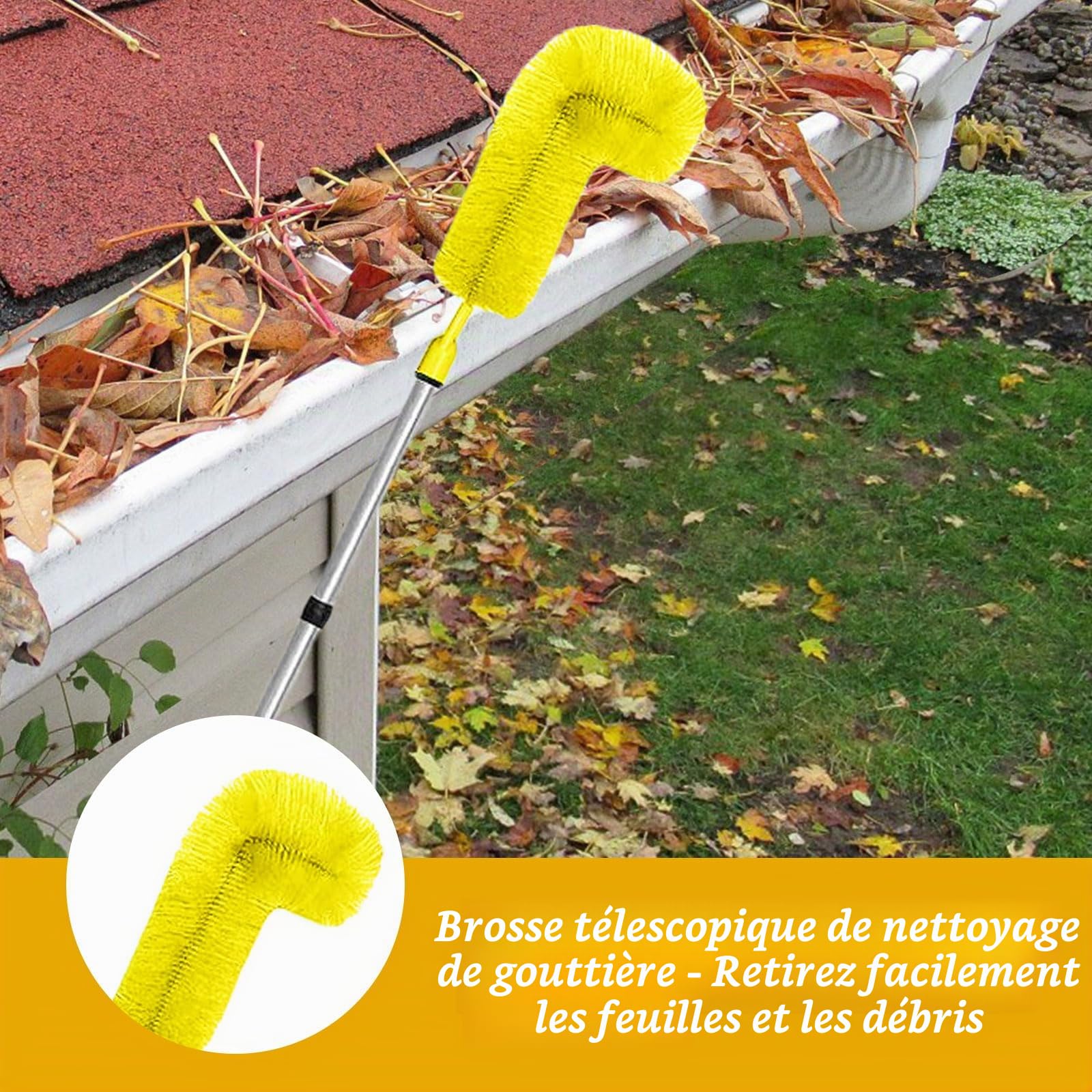Brosse de Nettoyage de Gouttière de 310cm, Brosse de Nettoyage Pliable avec 2 Brosses, Brosse Telescopique de Nettoyage de 8 Pôles D'épissure, Pour Nettoyer les Feuilles/Fenêtres/Gouttières/Murs,Jaune