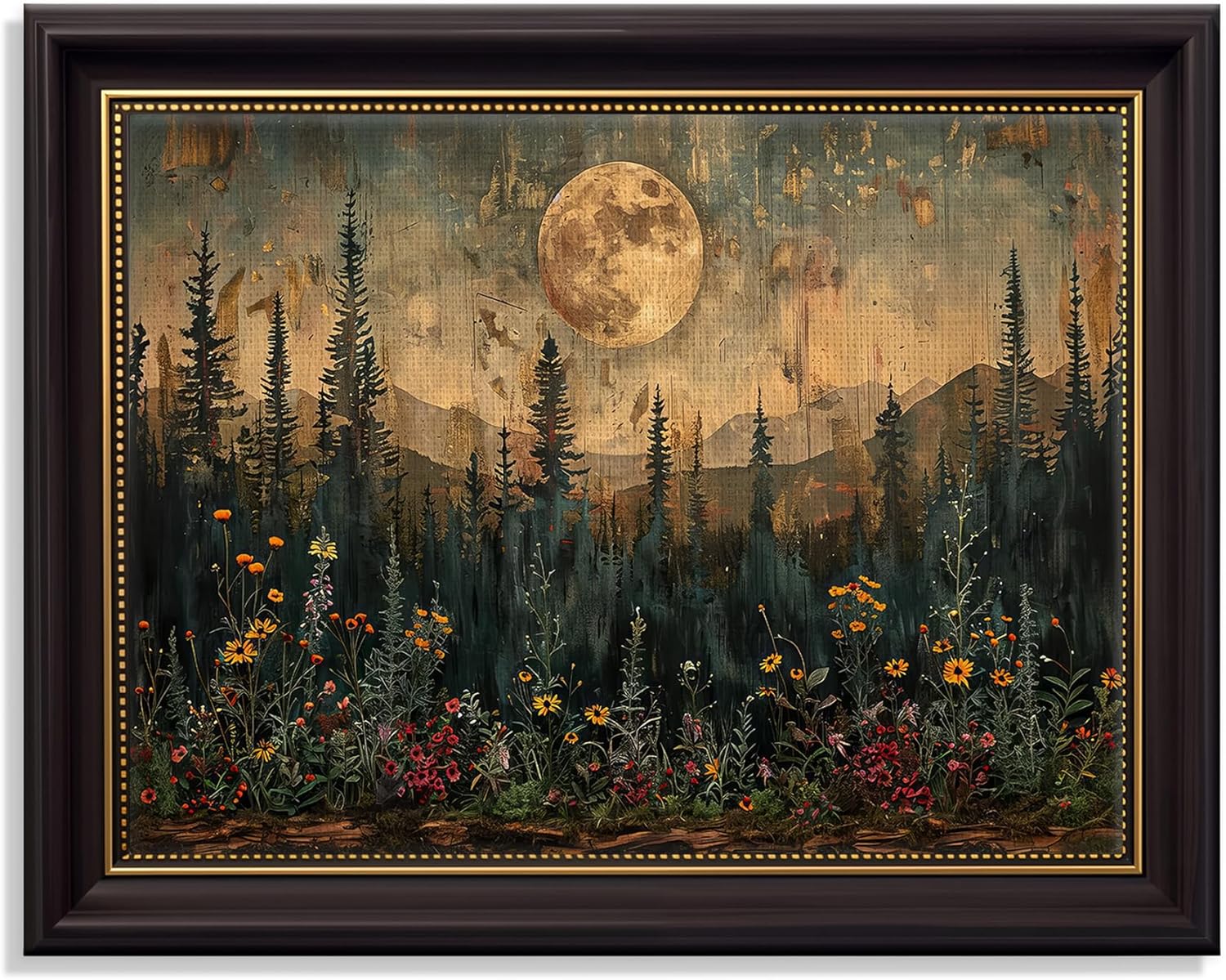 Vintage Framed Moon Forest Canvas Wall Art Serene Field Floral Printing Pine Tree Nature Landscape Painting Farmhouse Rustic Pictures Natural Scenery Wall Decor Woodland Wildflower Poster Artwork