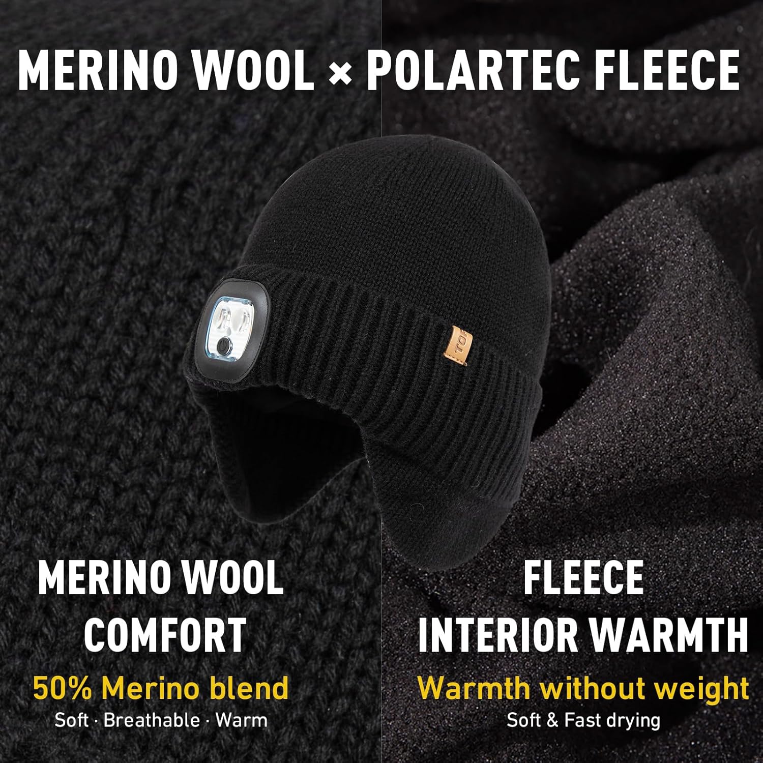 TOP-EX DryKnit™ Waterproof LED Beanie Hat with Ear Flaps Merino Wool Winter Hat Fleece Lined USB Rechargeable Lighted Cap - Image 4