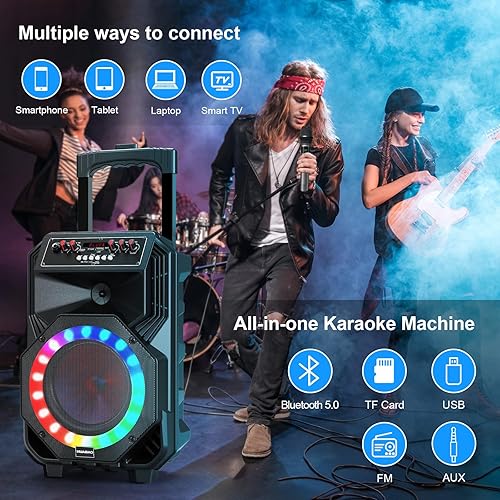 Miniatura 8 de Máquina de karaoke con 2 micrófonos inalámbricos, ruedas giratorias y carrito  Altavoz Bluetooth portátil de 8800 mAh, sistema PA con luces, graves