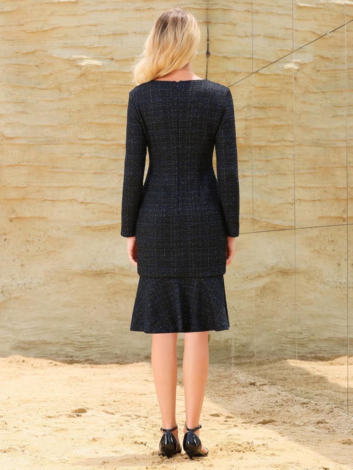 Hobemty Women's Tweed Dress 2025 Long Sleeve Wedding Cocktail Bodycon Fishtail Dresses