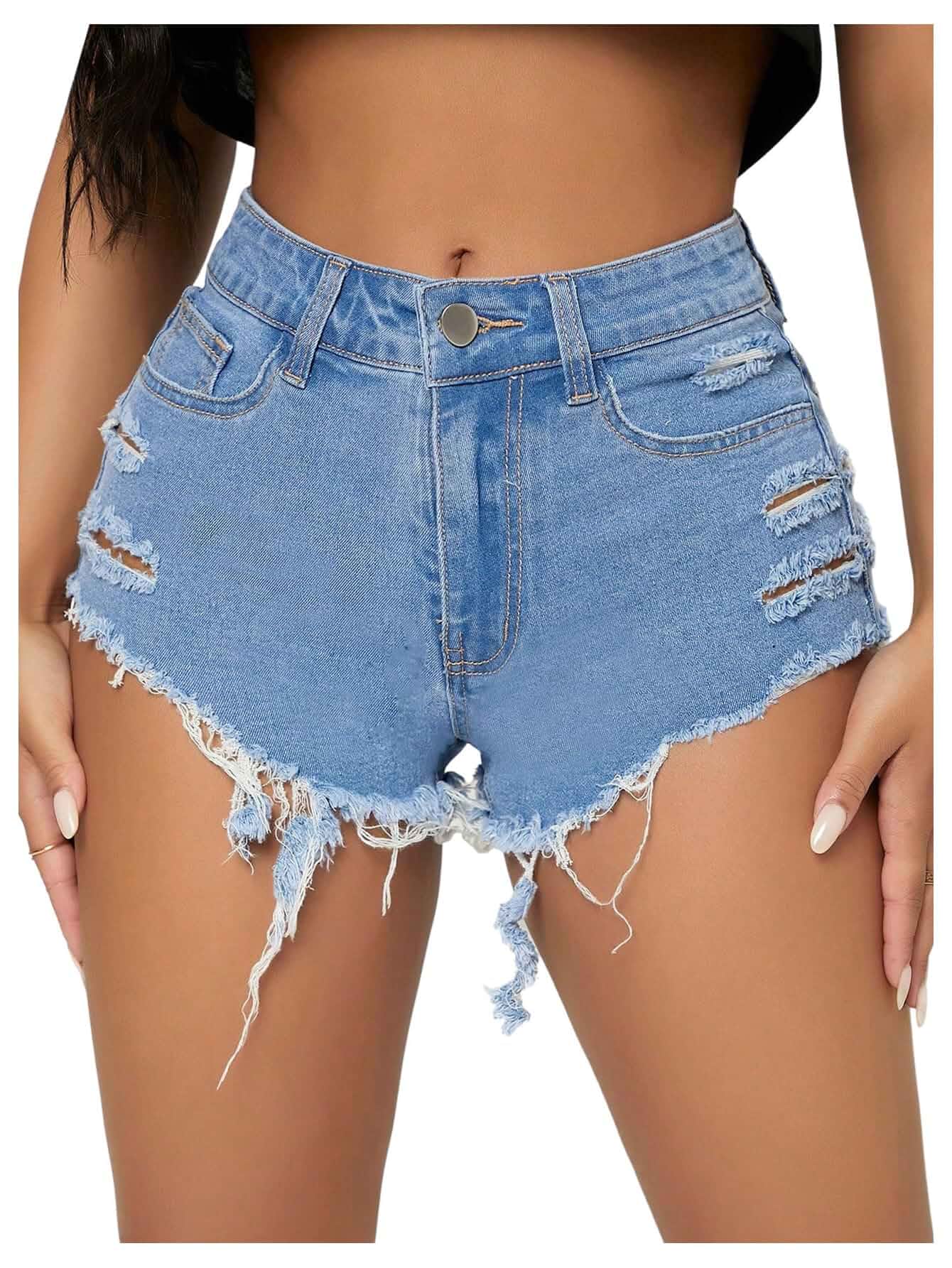BEAUDRM Women's Y2k Ripped Denim Shorts Distressed Raw Hem High Waisted Summer Jean Shorts with Pockets