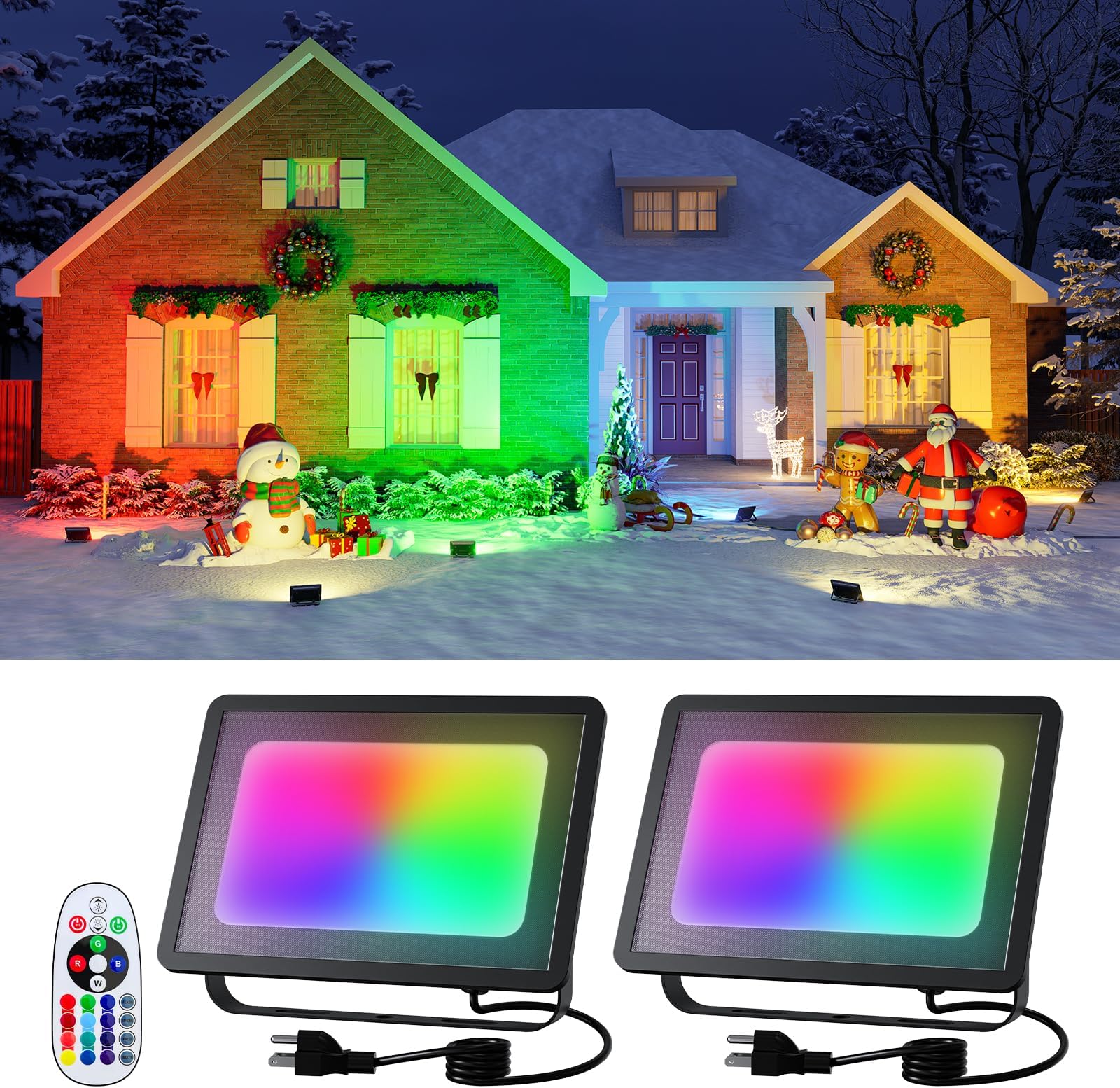 2 Pack 50W Christmas Led Flood Lights 500W Equi Color Changing with Remote Waterproof 16 Multicolor RGB Lamp Indoor or Outdoor Up Lighting for Xmas Wreath, Snowman, Nativity Scene, Decoration, Statues