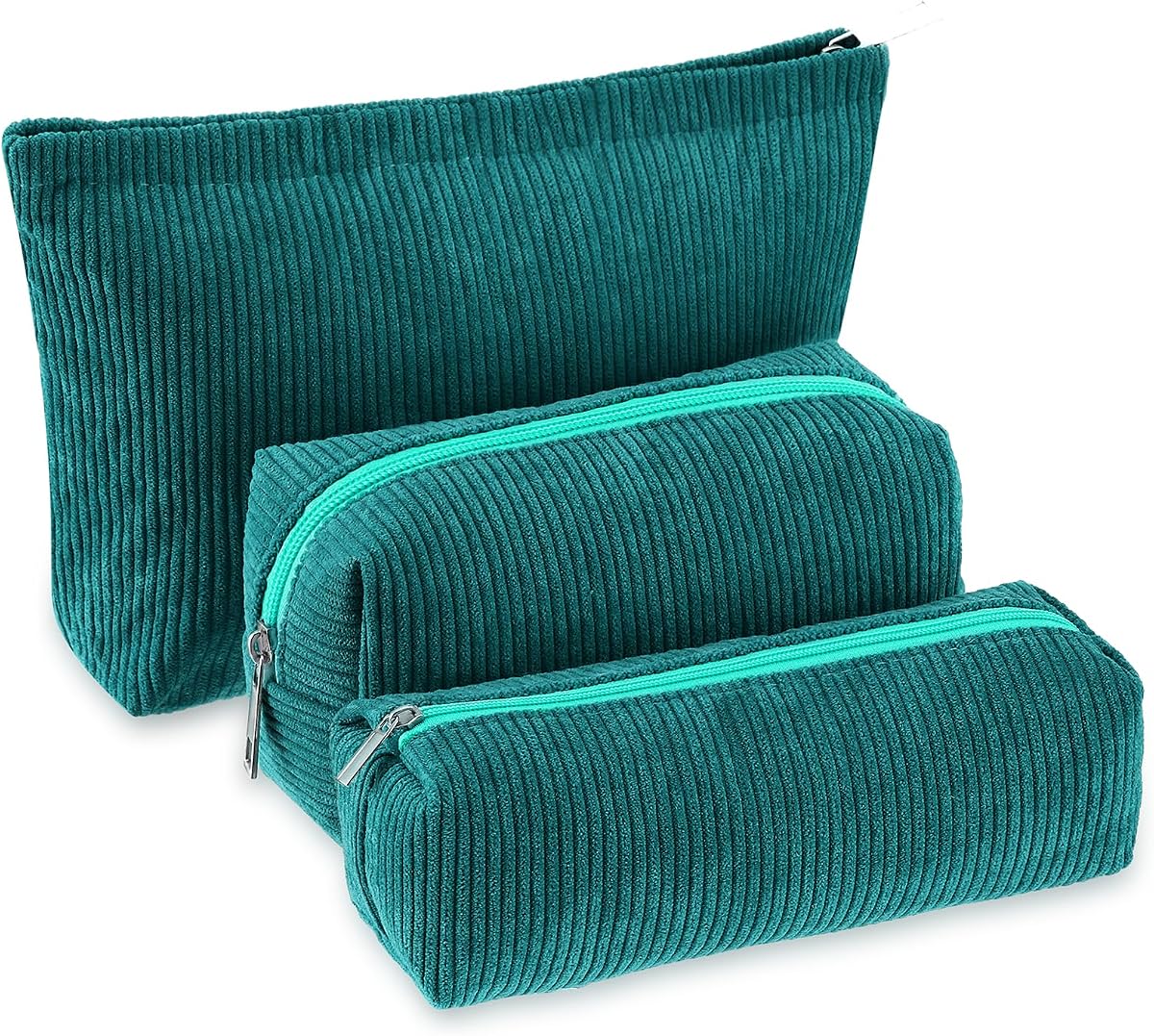 3 Pcs Corduroy Makeup Bag Set for Women Cute Pencil Case, Dark Green;Solid Style