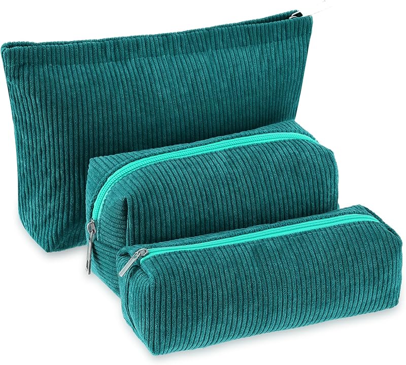 3 Pcs Corduroy Makeup Bag Set for Women Cute Pencil Case, Dark Green;Solid Style