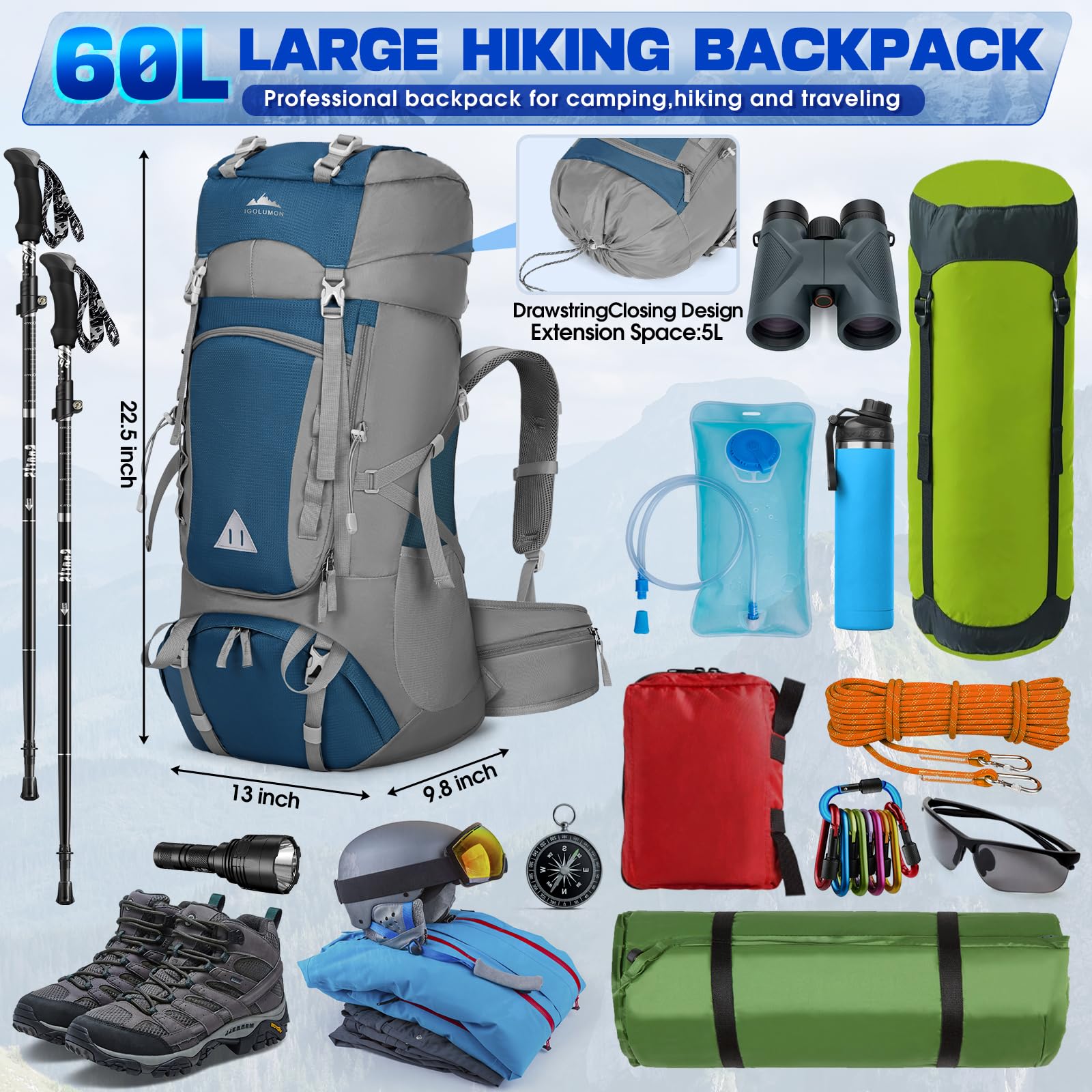 IGOLUMON Plecak trekkingowy, 60 l, plecak trekkingowy, dla mężczyzn i kobiet, plecak podróżny, duży plecak z pokrowcem przeciwdeszczowym, na kemping, trekking, do wspinaczki, podróży na świeżym