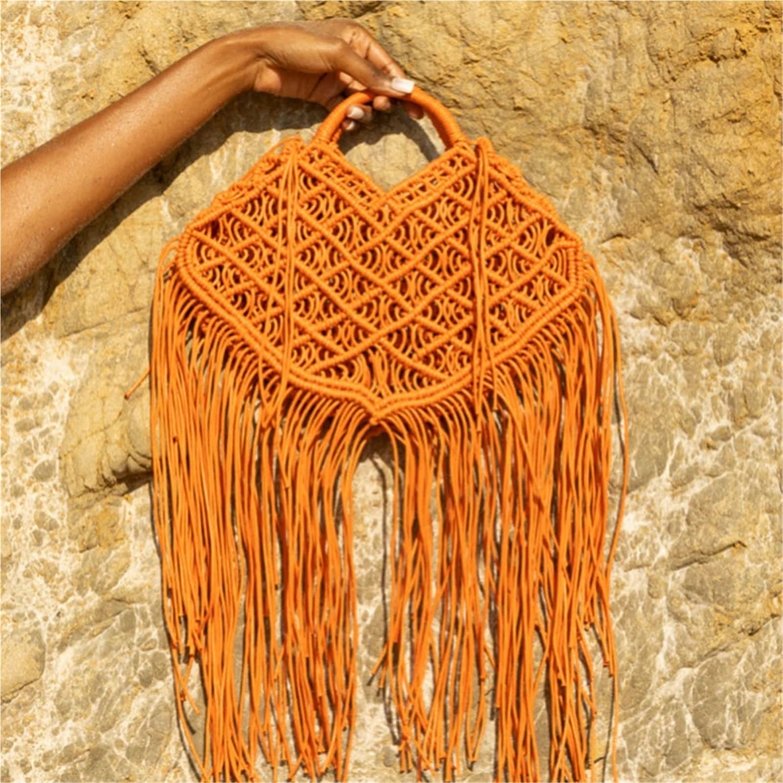 Borsa Uncinetto Borsa tote a rete con nappe Borse da donna intrecciate in corda cava spiaggia estive in paglia Piccole borse casual