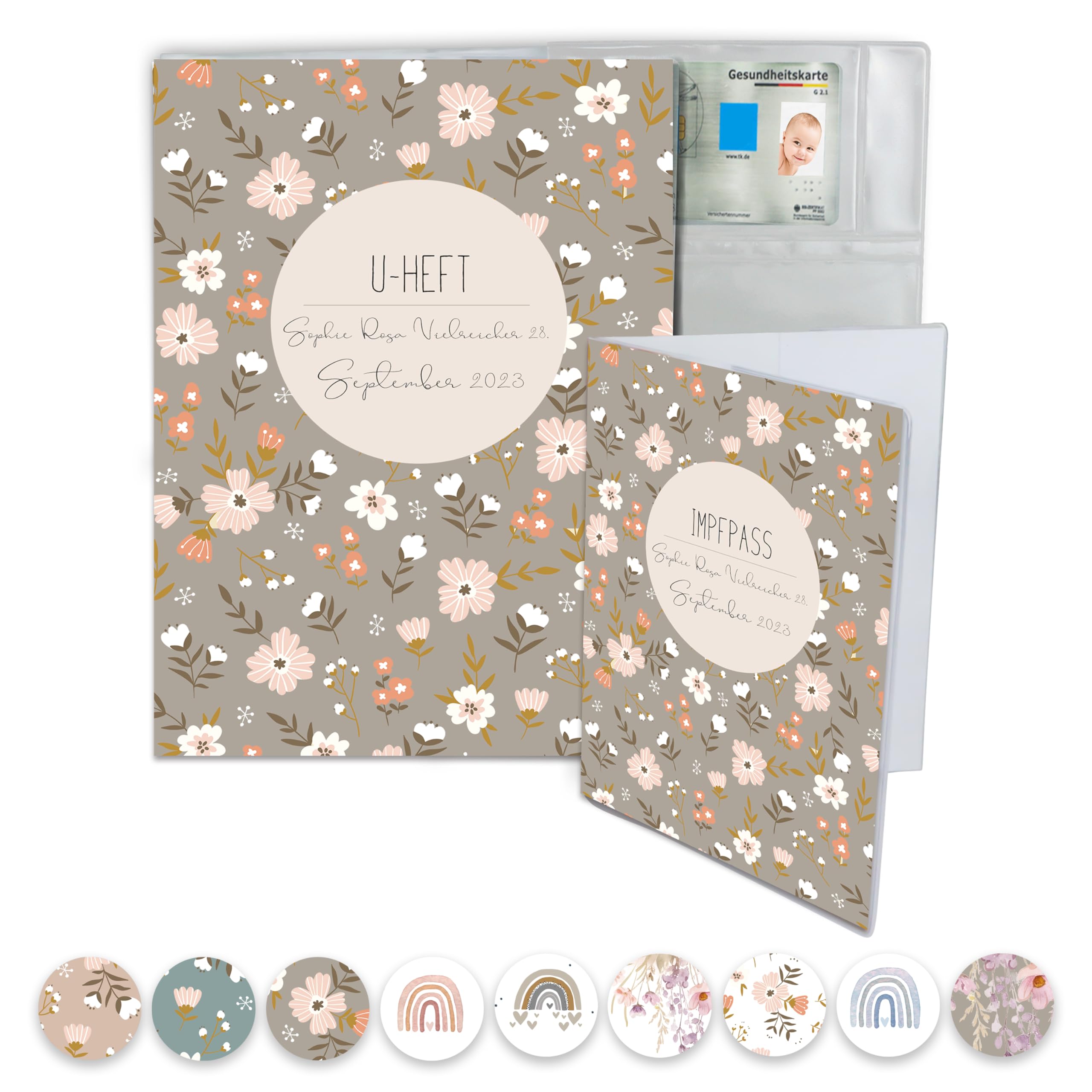 Minilino personalisierte U Heft Hülle 3-teiliges Premium Set für Impfpass & U-Heft [ SCHÜTZT WICHTIGE DOKUMENTE ] Organizer für Untersuchungsheft (Blumenwiese sand)