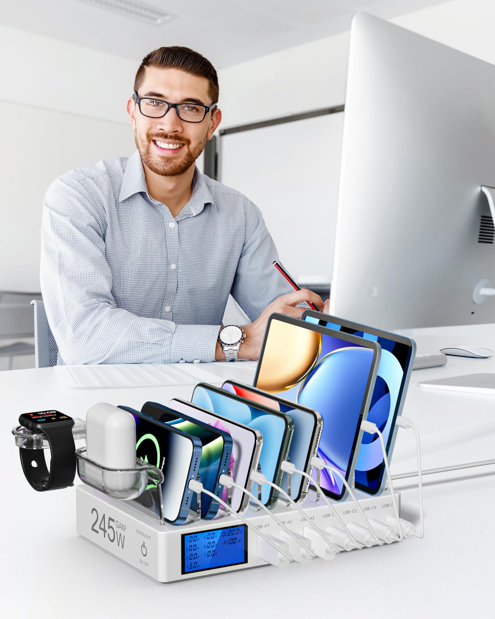 Stazione di Ricarica da 245W, 7 Porte Dispositivi Multipla USB, con schermo LCD Stazione Ricarica Cellulari per iPhone, Tablet e Altri Dispositivi Elettronici（Senza cavo di ricarica）-bianco