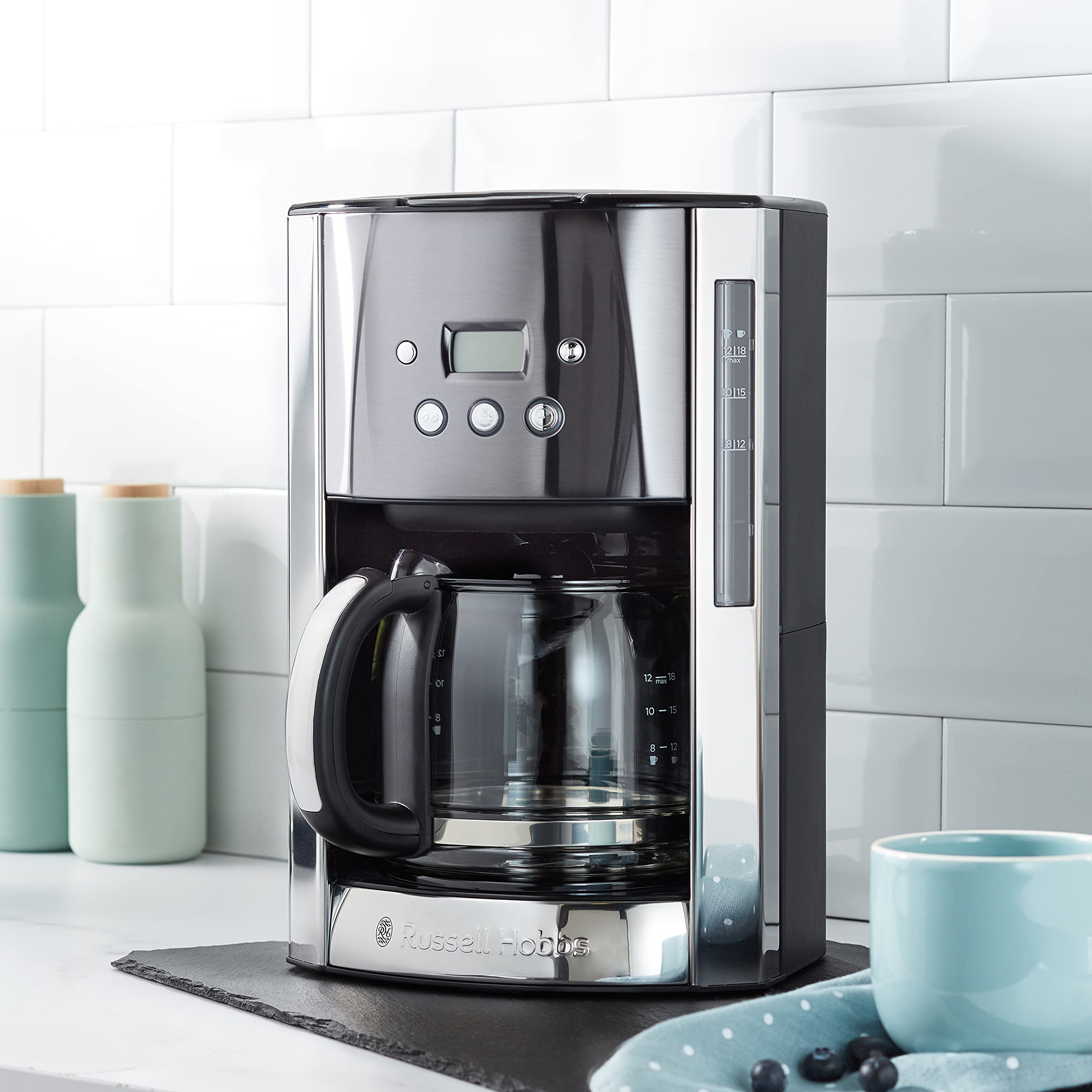 Russell Hobbs Kaffeemaschine [Digitaler Timer, Brausekopf für optimale Extraktion&Aroma] Luna Grau (1 bis 12 Tassen, 1,5l Glaskanne, Warmhalteplatte, 1000W) Filterkaffeemaschine 23241-56