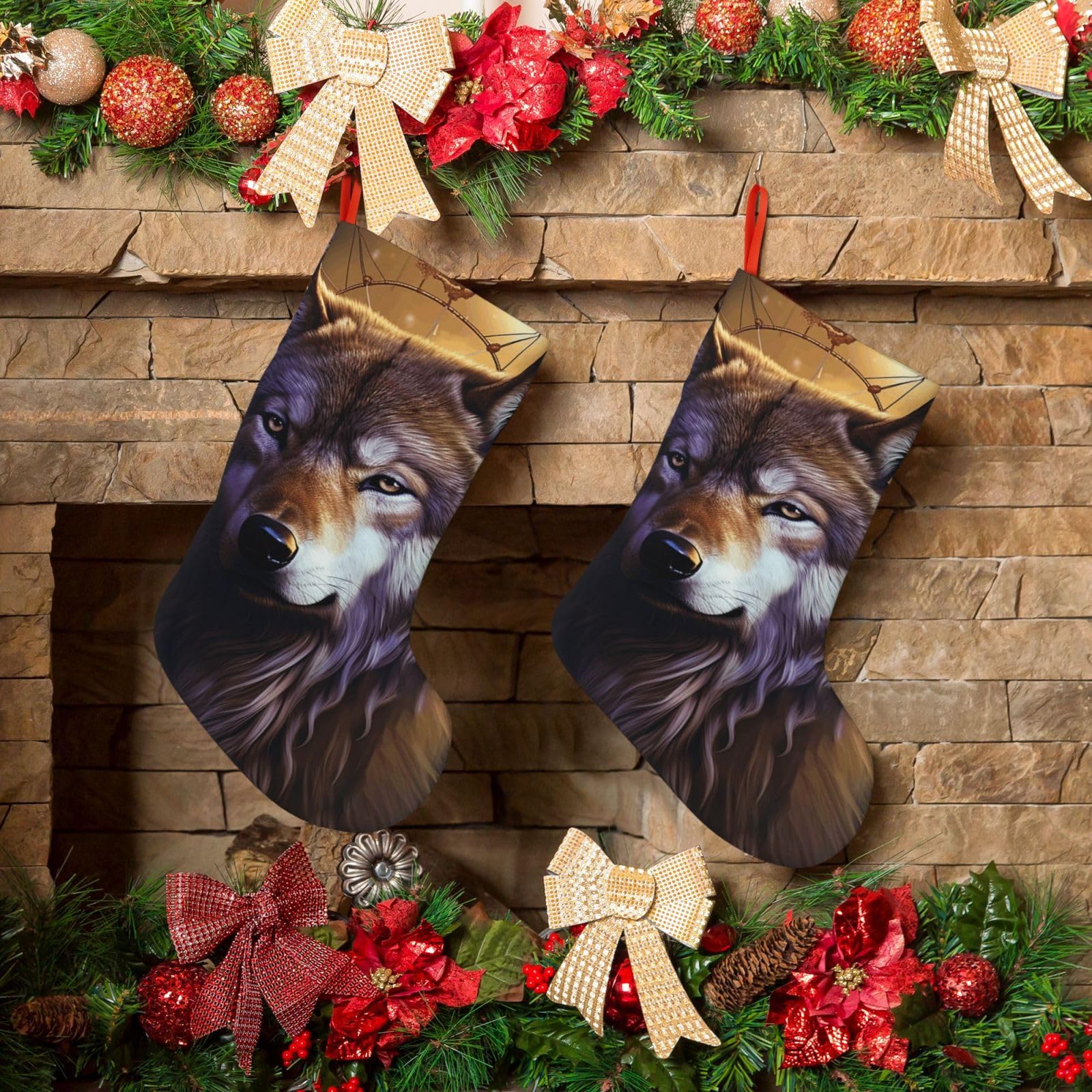 Wolves and Dream Catchers Christmas Stockings 18 Inches Velvet Xmas Fireplace Hanging Stocking Rustic Christmas Santa Stockings for Home Christmas Decorations Party Favor Supplies