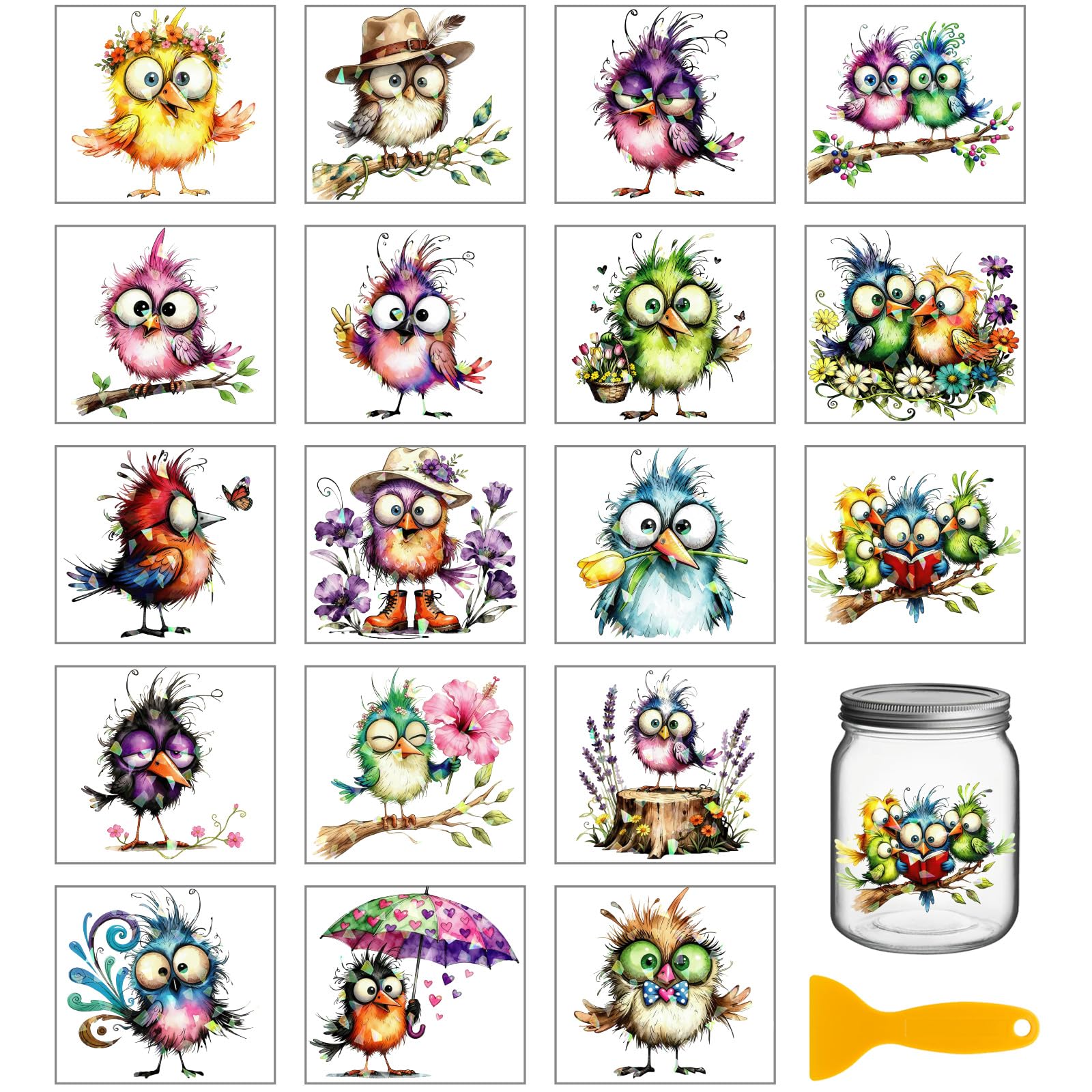 GLOBLELAND 18 Sheets Funny Birds Rub on Transfer Sticker for Crafts 3.9×3.6 inch Colorful Birds UV DTF Cup Wraps Decals Holographic Transfer Stickers for Crafts Bottle Glass Cup Vase Decor