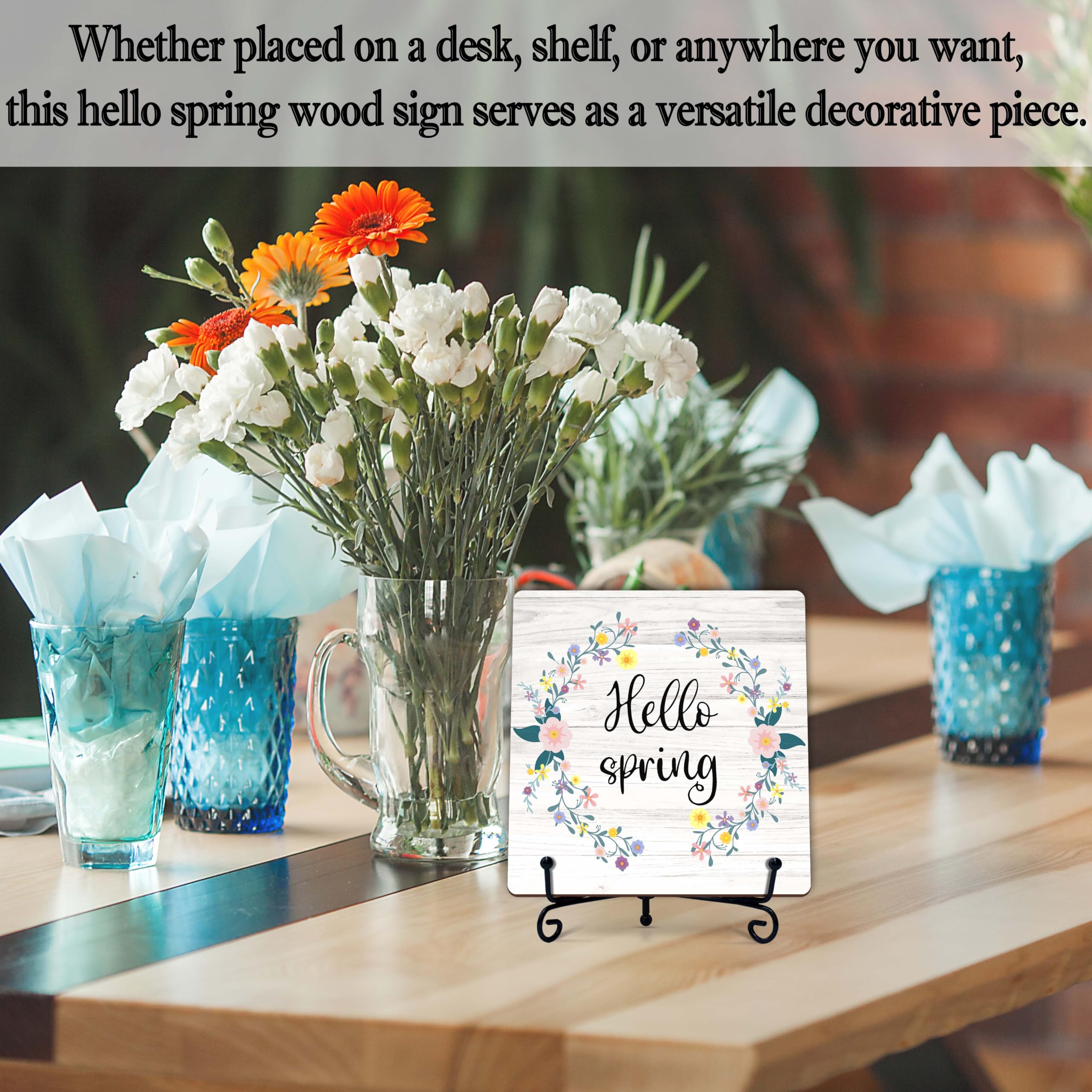 Spring Decor, Hello Spring Wooden Sign, Floral Wreath Desk Wood Decor with Iron Stand, Easter Gifts for Women Wood Sign Decorations for Home Office Bedroom - B05