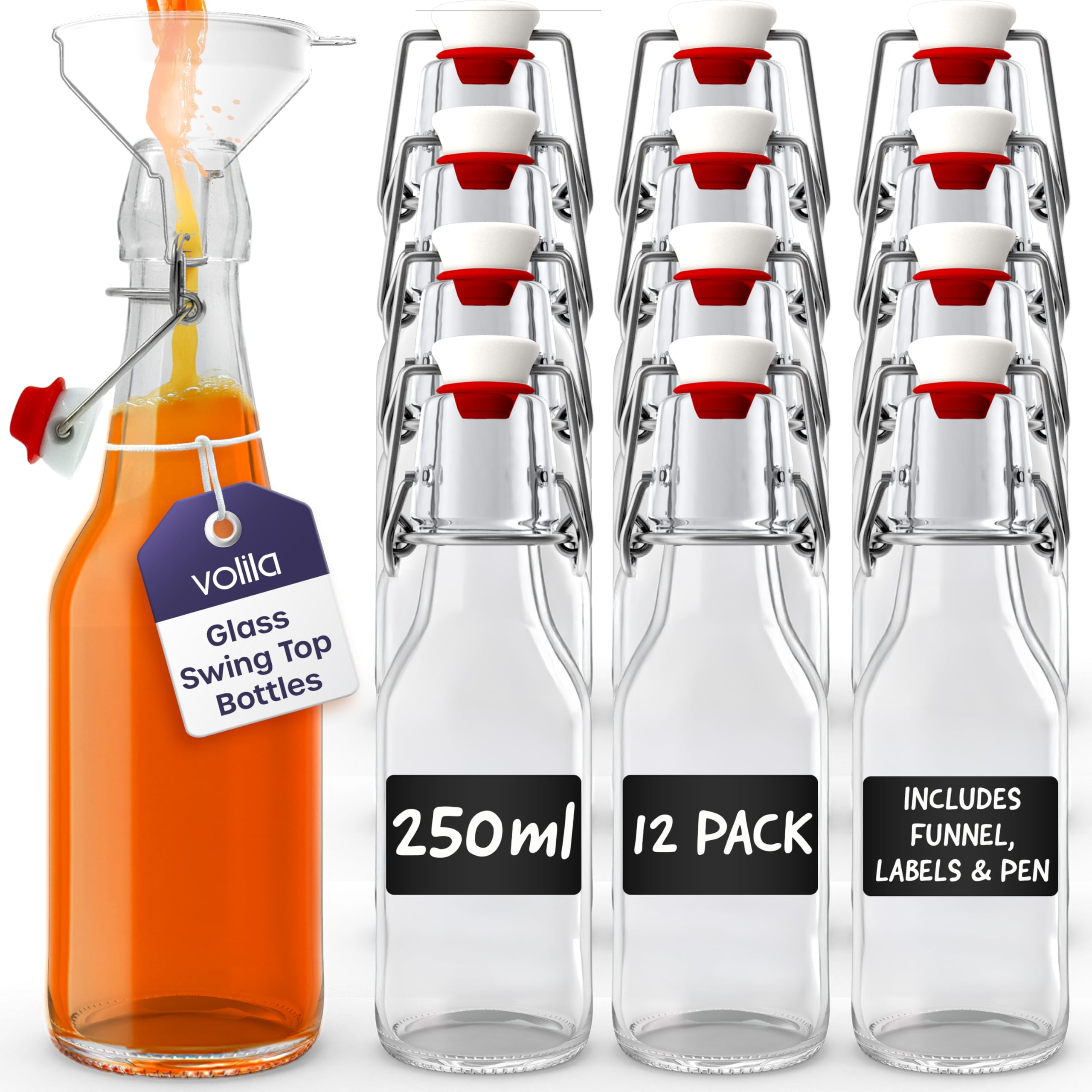 Volila Colorless Glass Bottles With Stoppers, Clear Swing Top Bottles For Homebrewing, Beverages, Kombucha, Wine, Vinegar And Oil (250Ml - 12 Pack)