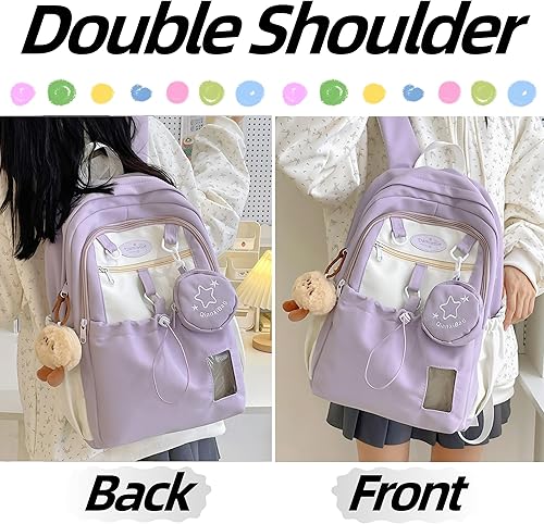 Miniatura 2 de Mochila Kawaii con bolsa de hombro doble con linda estrella extraíble, bolsillo transparente, gran capacidad, colores de dopamina, Púrpura, Grande,
