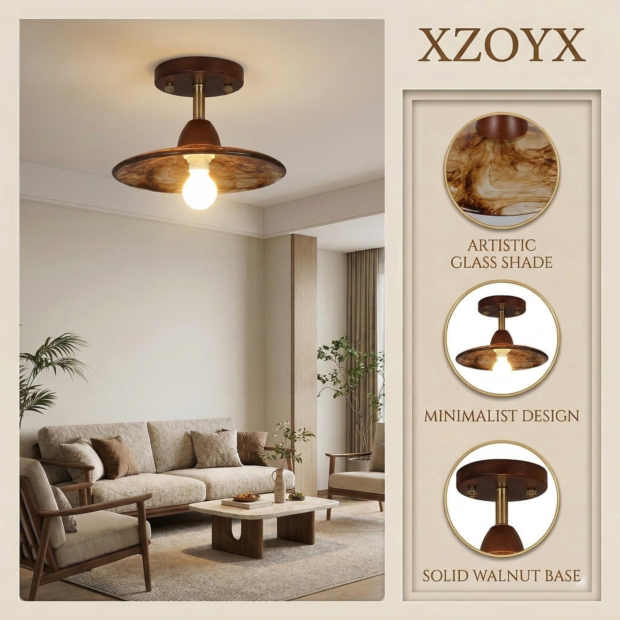 Nowoczesna drewniana lampa sufitowa z połowy wieku, wykończenie orzecha włoskiego, oprawa podtynkowa, japońska lampa szklana, półflushowa, oświetlenie vintage do przedpokoju, wejścia, werandy