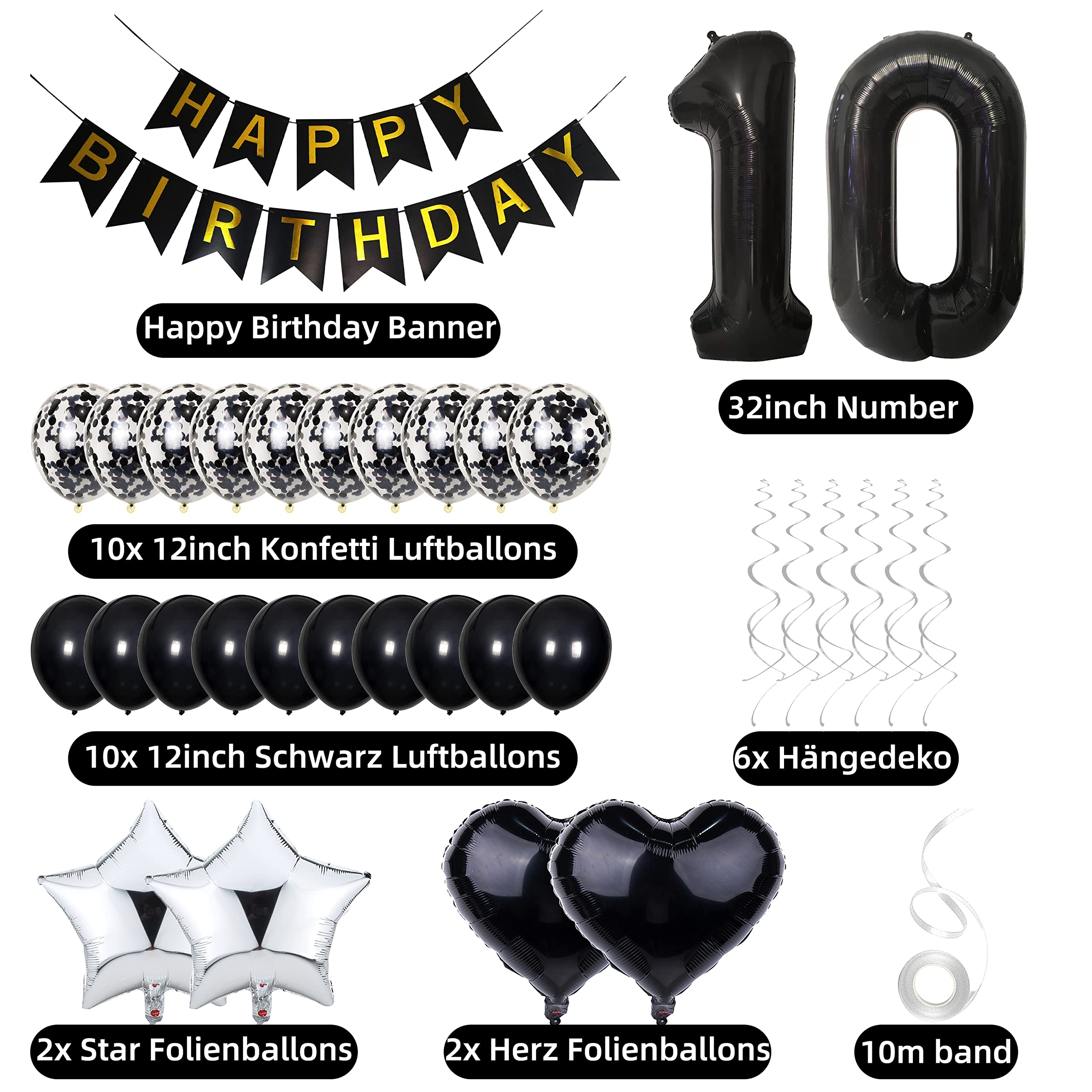 10 anni compleanno ragazzo ragazza decorazione, oro nero decorazione festa 10 anni compleanno ragazzo palloncini numero 10 decorazione compleanno torta 10 anni ragazzo compleanno 10 anni ragazza
