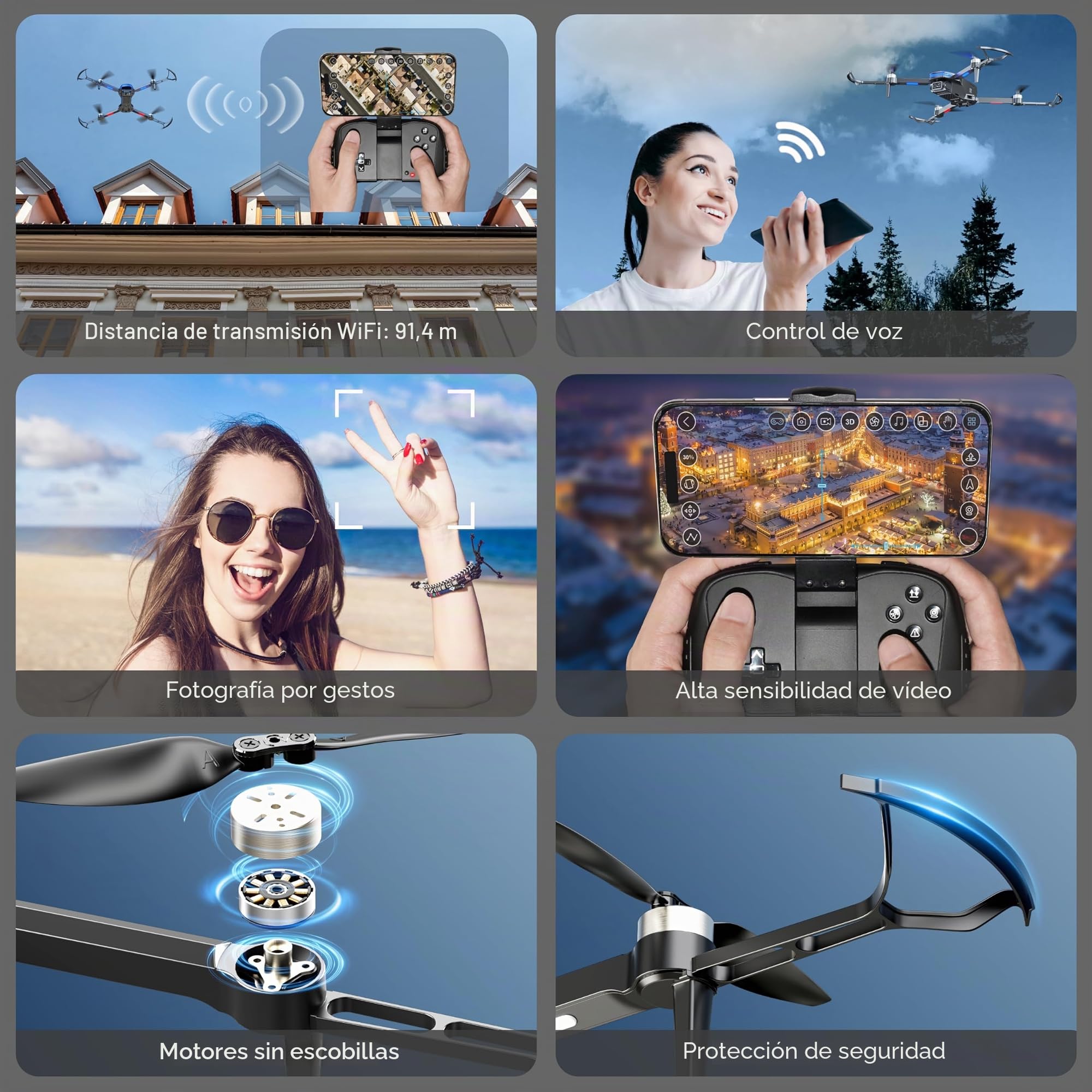 Drone con cámara para adultos 4K motor sin escobillas para niños, FPV, plegable, cuadricóptero RC con protectores de hélices, 2 baterías, 1500 mAh, lente de 130°, WiFi, control de voz, gesture