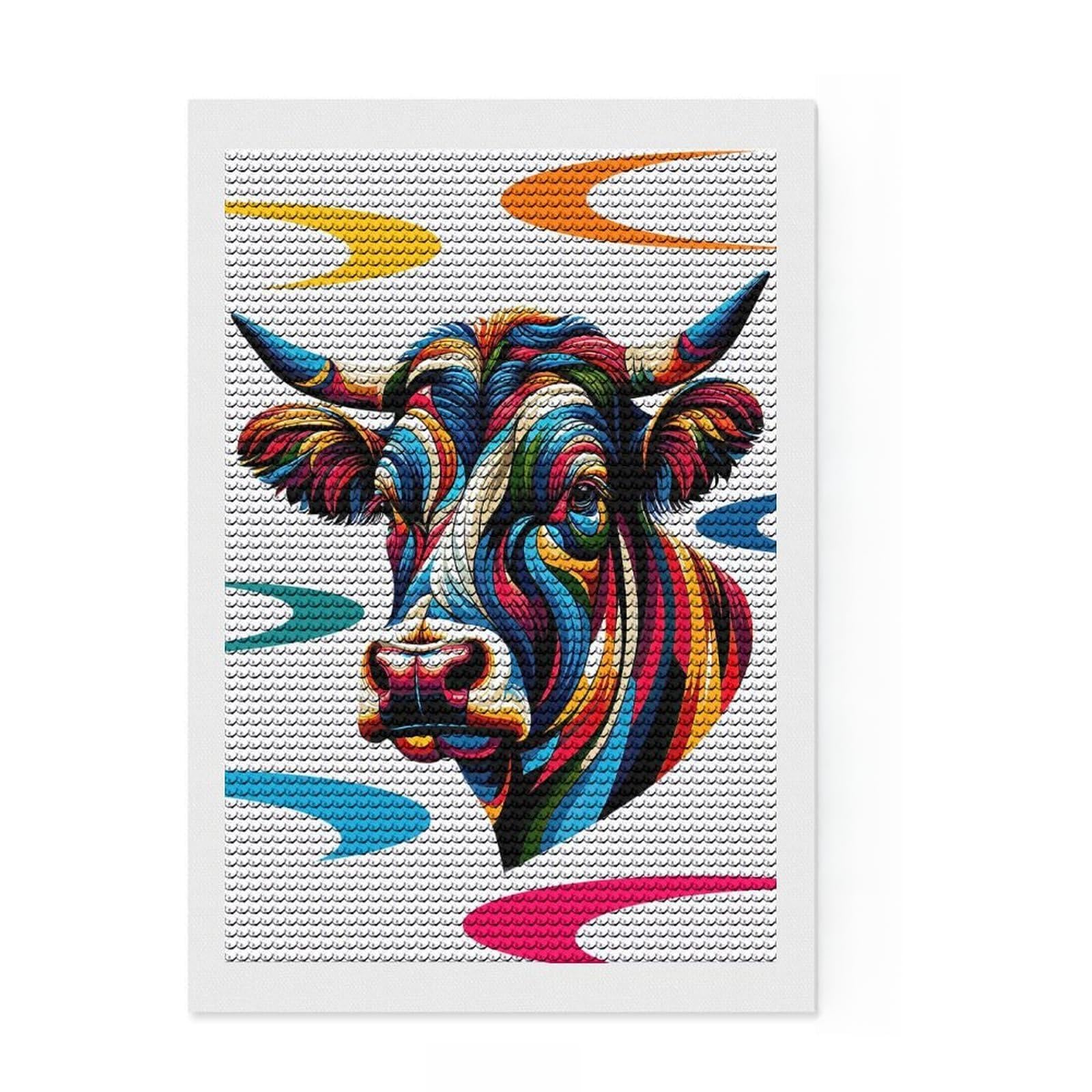 Junmoney Cow WPAP Colorful Diamond Painting Canvas Set 8"x12", Enjoyable At-Home Hobby, Adhesive Canvas, Cosy Home Accent, Christmas Gift