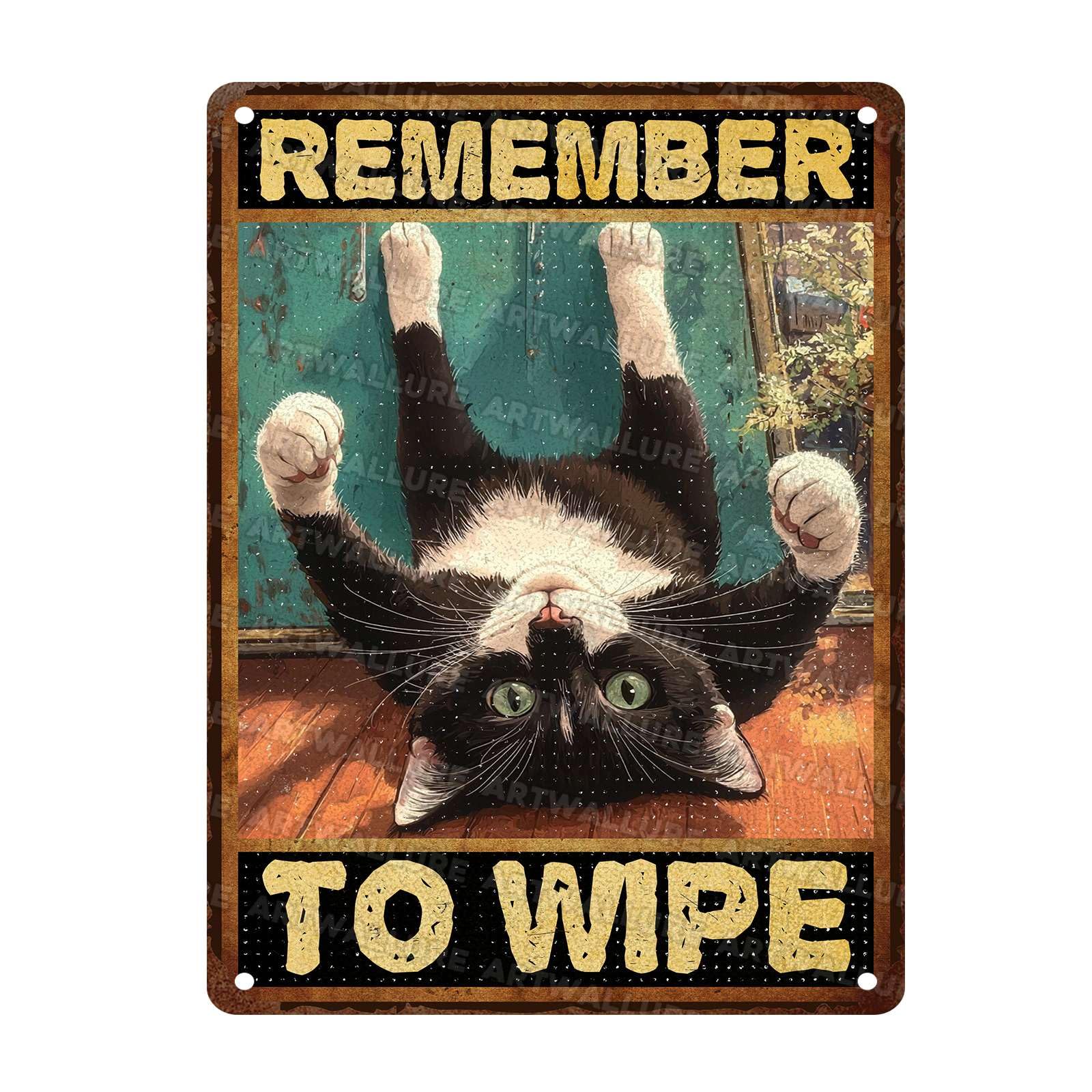 Funny Black Cat Sign Remember To Wipe Vintage Tin Sign for Bathroom Toilet Wall Decor 12X16Inch