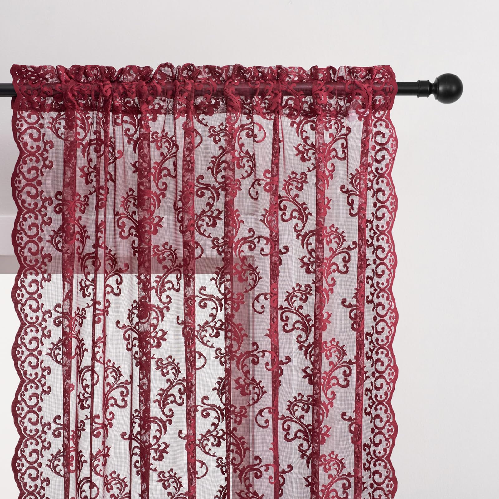 FOLKSIDE Tende in pizzo bordeaux, lunghe 213 cm, 2 pannelli, moderne e romantiche, per camera da letto e soggiorno, con tasca per asta, tende francesi trasparenti, decorazione floreale con rose, 132 x