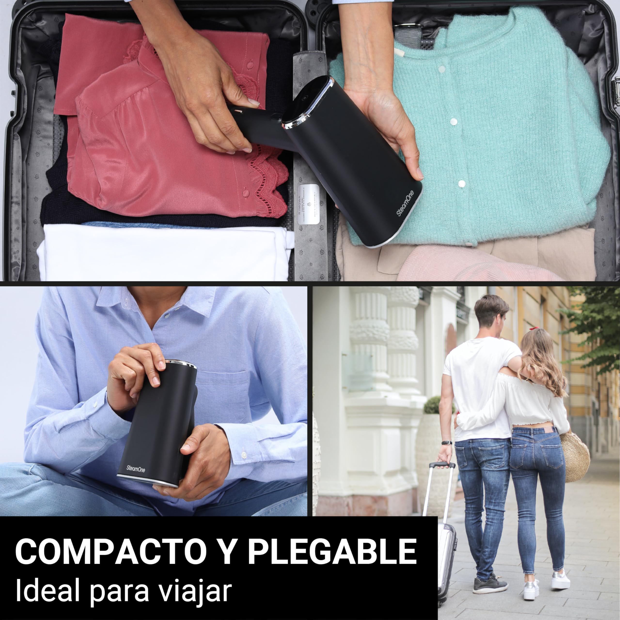 STEAMONE - Plancha de vapor portatil 2000W 35g/min - Steamer de viaje - Capacidad 80 y 150 ml- Elimina 99,99% de las impurezas - Lista en 15s - Compacto - EUFD80BV2
