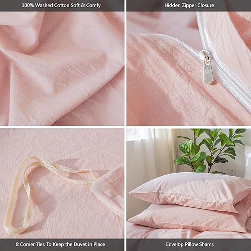 Miniatura 6 de MooMee Juego de funda de edredón 100% algodón lavado con textura parecida al lino, transpirable, duradero, suave, cómodo (rosa pálido, King)