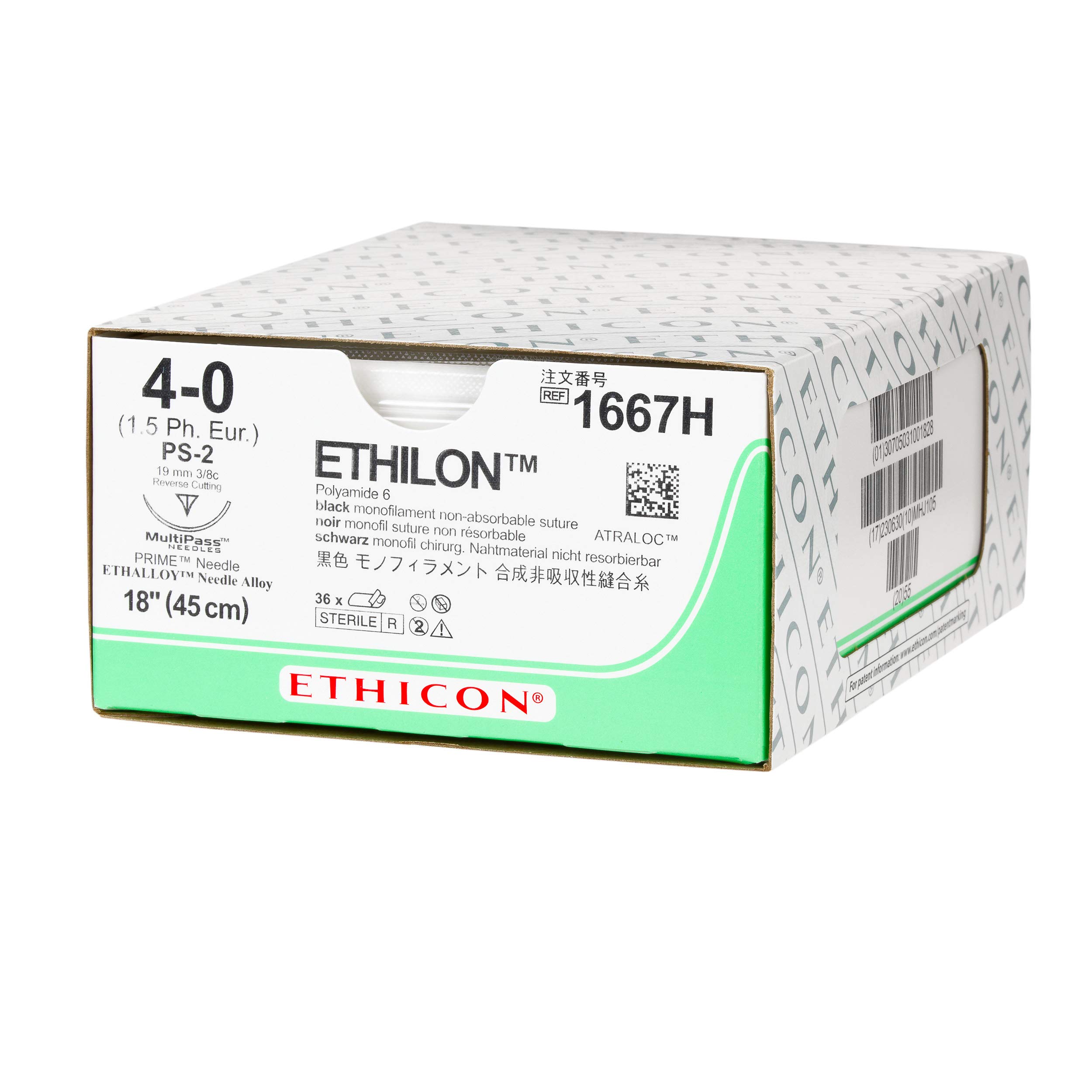 EthiconETHILON Nylon Suture, 1667H, Synthetic Non-absorbable, PS-2 (19 mm), 3/8 Circle Needle, Size 4-0, 18" (45 cm)