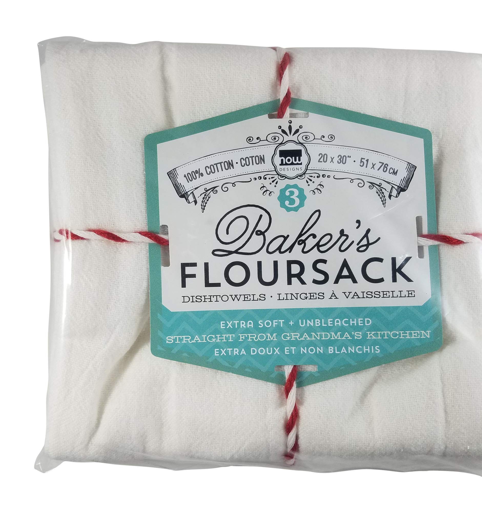 Now Designs Bakers Floursacks, Set of Three, Unbleached White, Set of Three