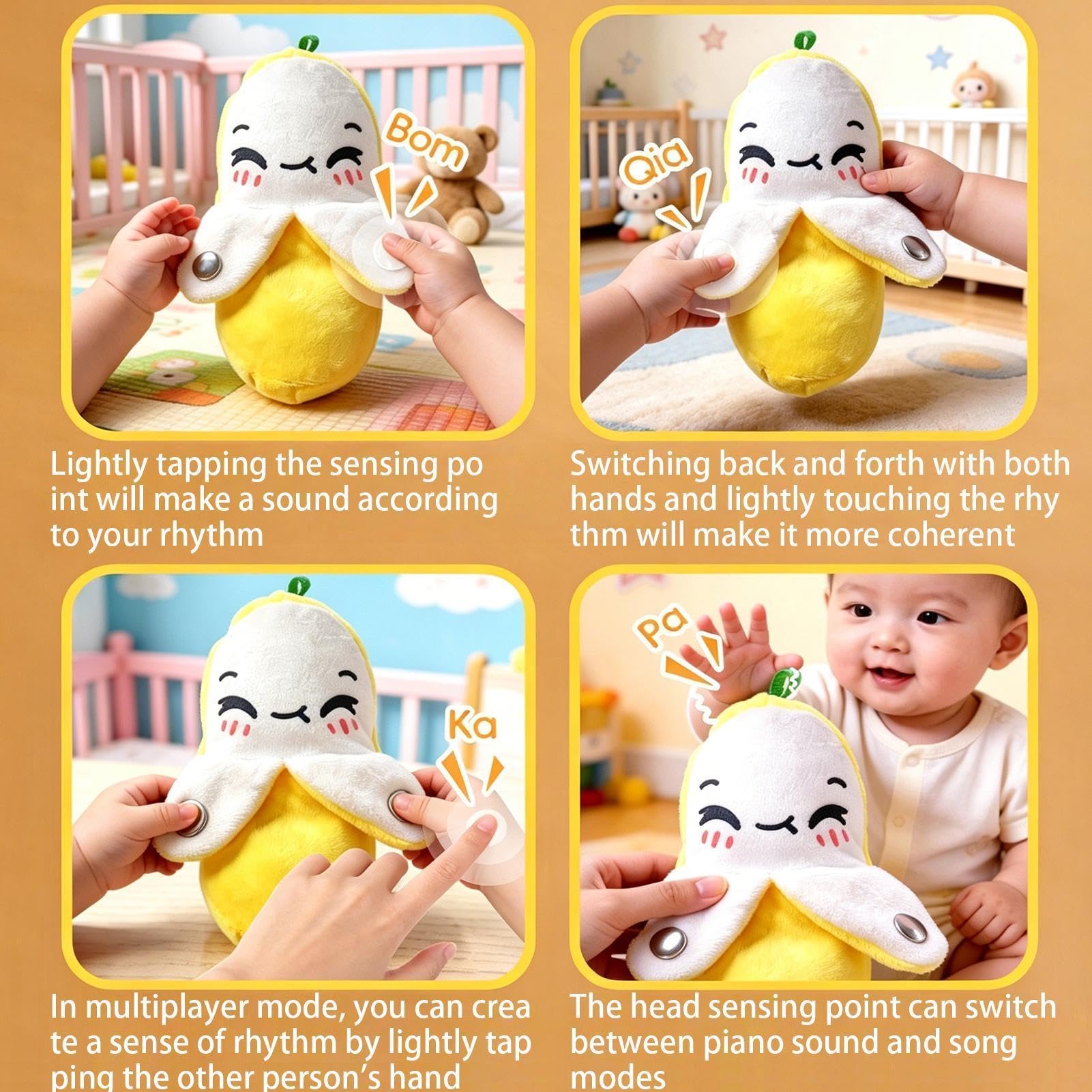 Peluche interattivo a forma di banana con musica, divertente peluche a forma di banana sensibile al con suono, adorabile pupazzo di banane, giocattolo sensoriale musicale per bambini