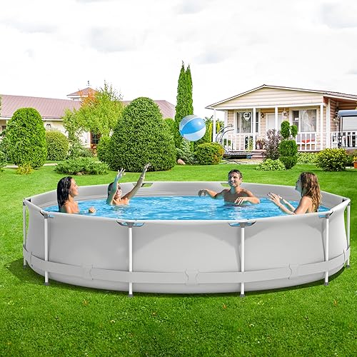 Miniatura 8 de GYMAX Piscina sobre el suelo de 12 pies x 31.5 pulgadas, piscina con marco de acero con cubierta de piscina, piscina duradera al aire libre para