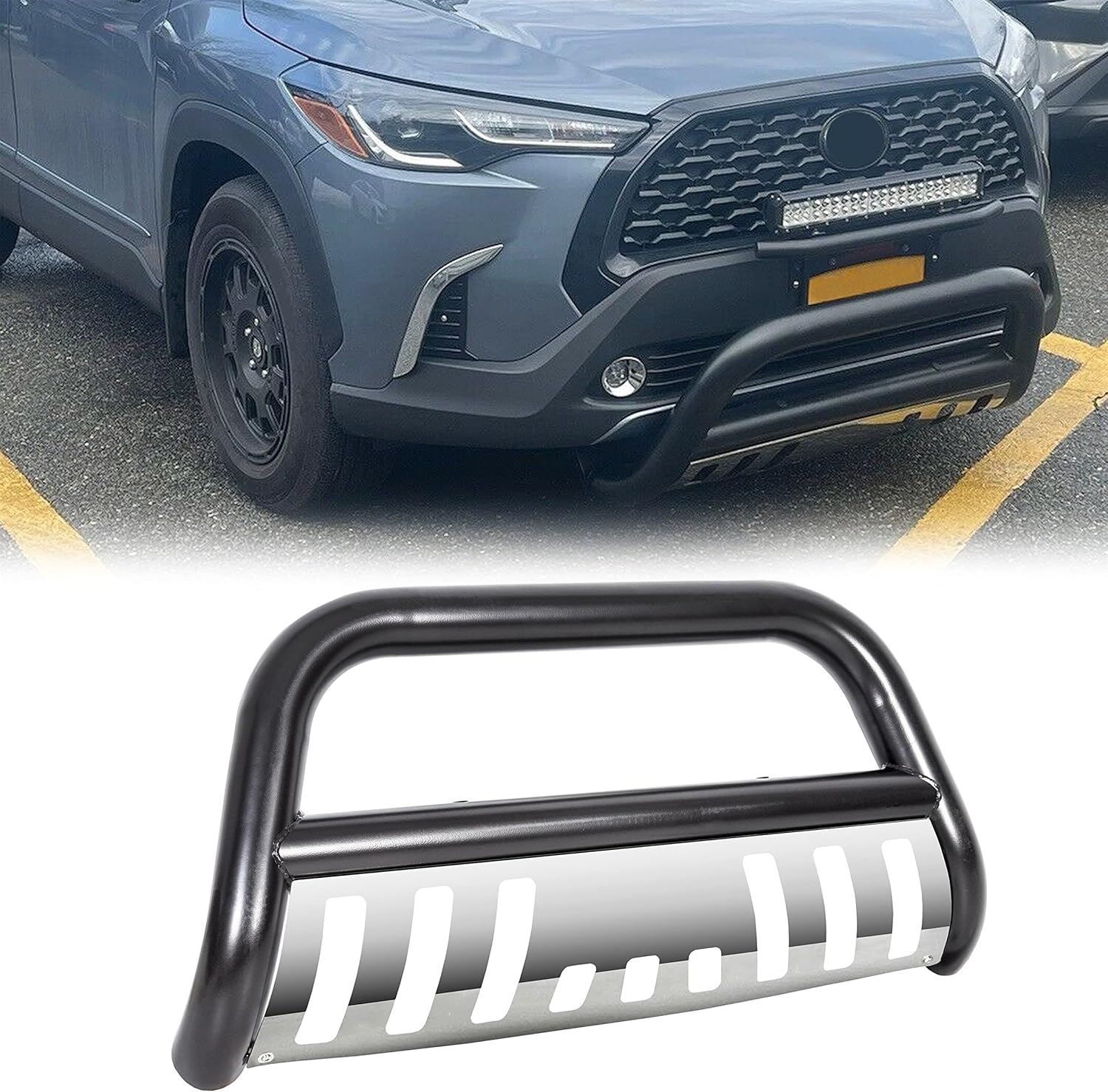 KUAFU 3" Bull Bar Bumper Guard Compatible with 2005-2015 Toyota Tacoma with Skid Plate Brush Guard Front Bumper Grill Grille Guard Protector Brush Push Bar Black & Silver