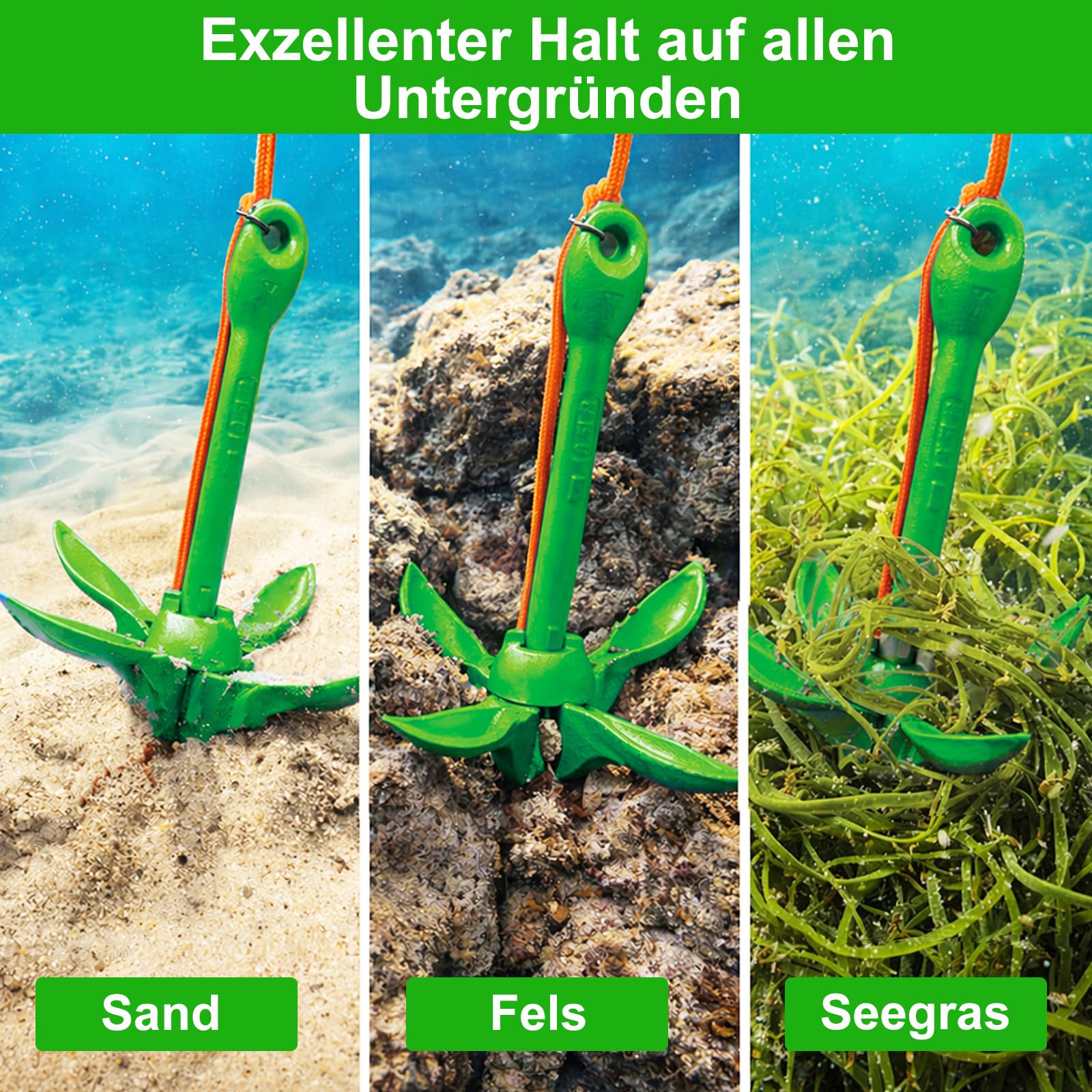 BeGrit Verzinkt Anker Gusseisen Faltanker 1,5KG Ankerset Blau mit Ø 6mm 10 Meter Ankerleine Für Boot SUP Paddle
