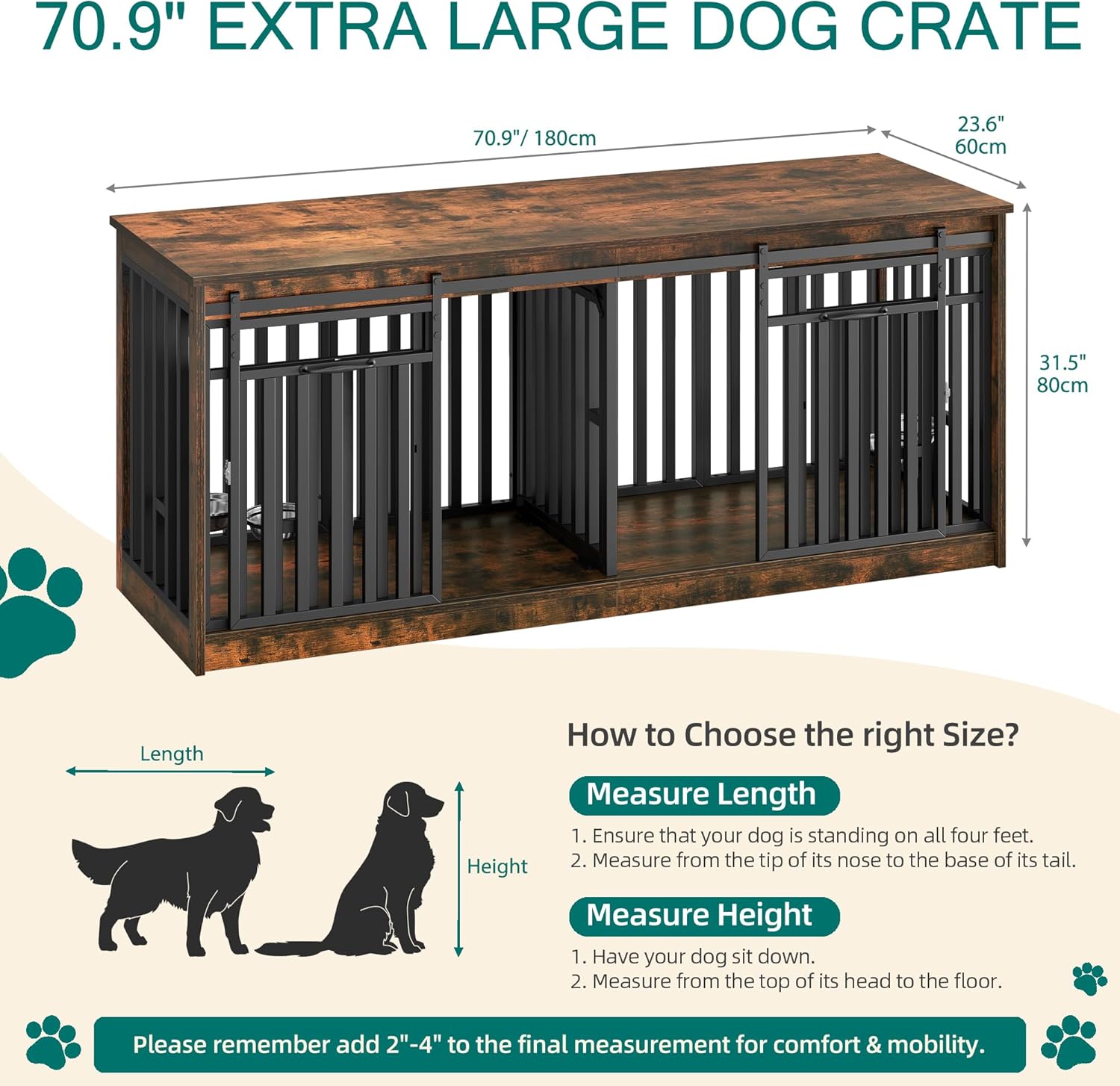 YITAHOME 71 Inch Double Dog Crate Furniture for 2 Dogs, Heavy Duty Wooden Dog Crate TV Stand with 4 Dog Bowls, Dog Kennel Indoor Furniture Sliding Barn Door Design for Extra Large Dogs, Rustic Brown