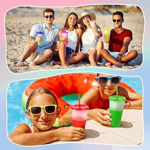 Miniatura 7 de LEIFEOSH Paquete de 24 vasos de plástico con tapas y popote, vasos reutilizables con tapas y pajillas, vasos transparentes para bebidas frías, café