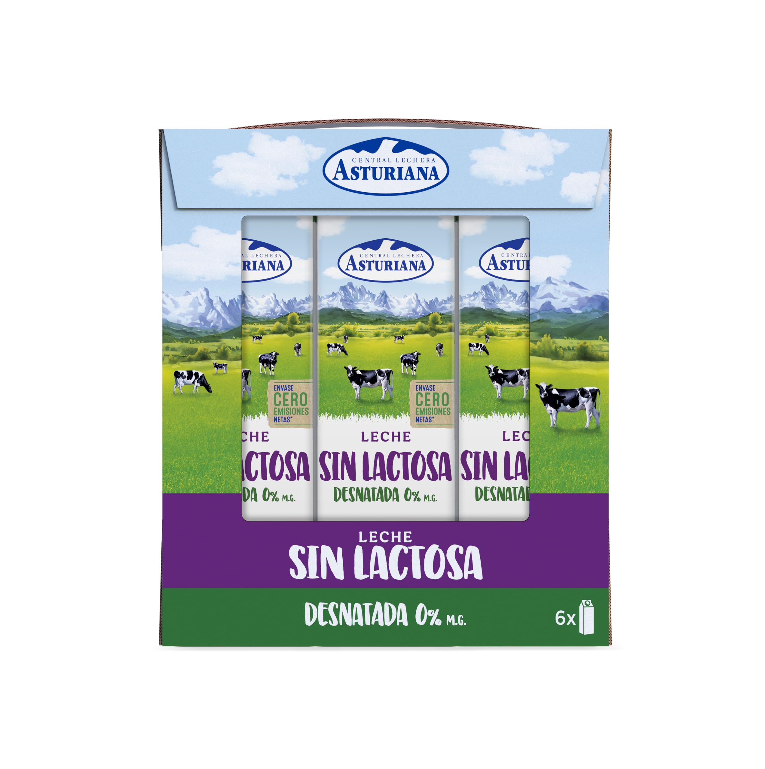 Central Lechera Asturiana Leche Sin Lactosa Desnatada 0% MG, Pack 6 x 1L