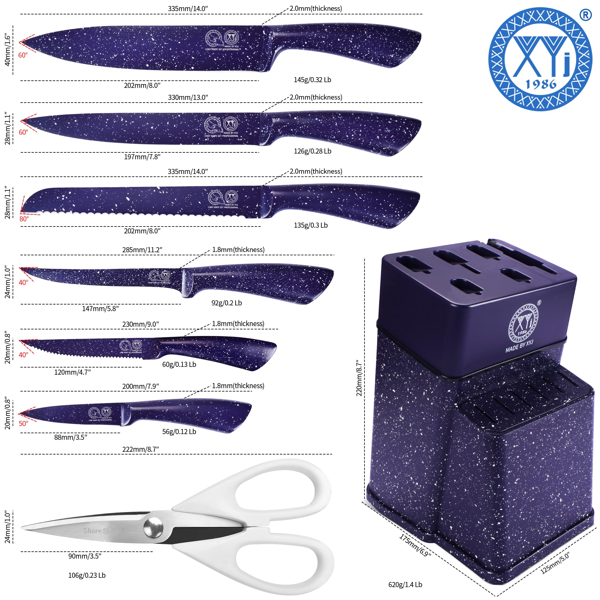 XYJ Authentic Since 1986 - Set di coltelli da cucina, in acciaio inox giapponese, con portacoltelli, forbici, spelucchino, coltello da bistecca, coltello da pane